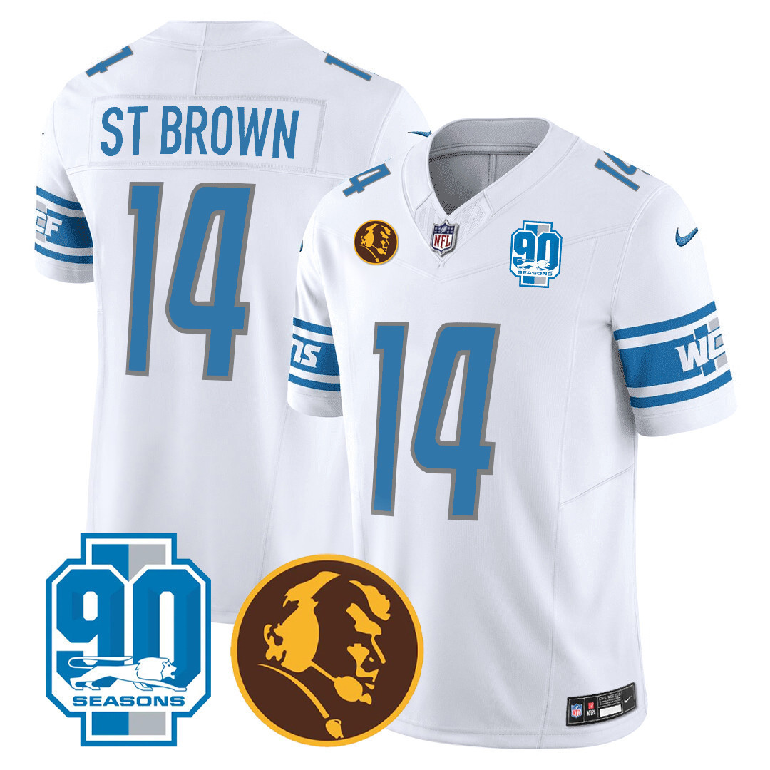 St. Brown Men's Detroit Lions 90th & John Madden Patch White Jersey - All Stitched