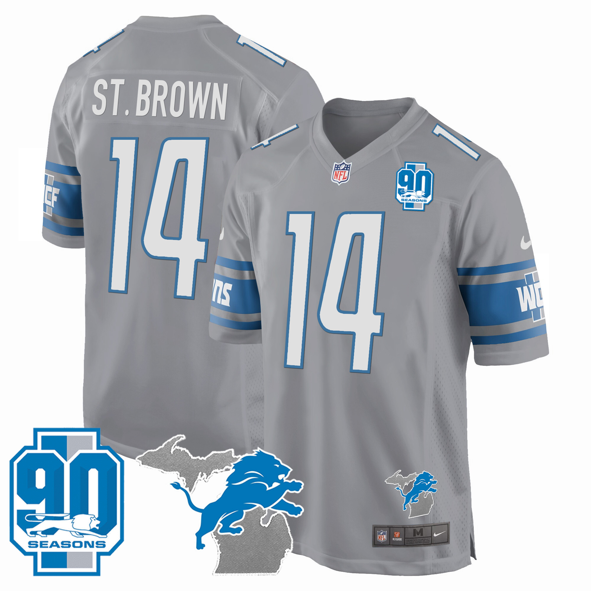 St. Brown Men's Detroit Lions 90th Year & Michigan Patch Game Gray Jersey - All Stitched