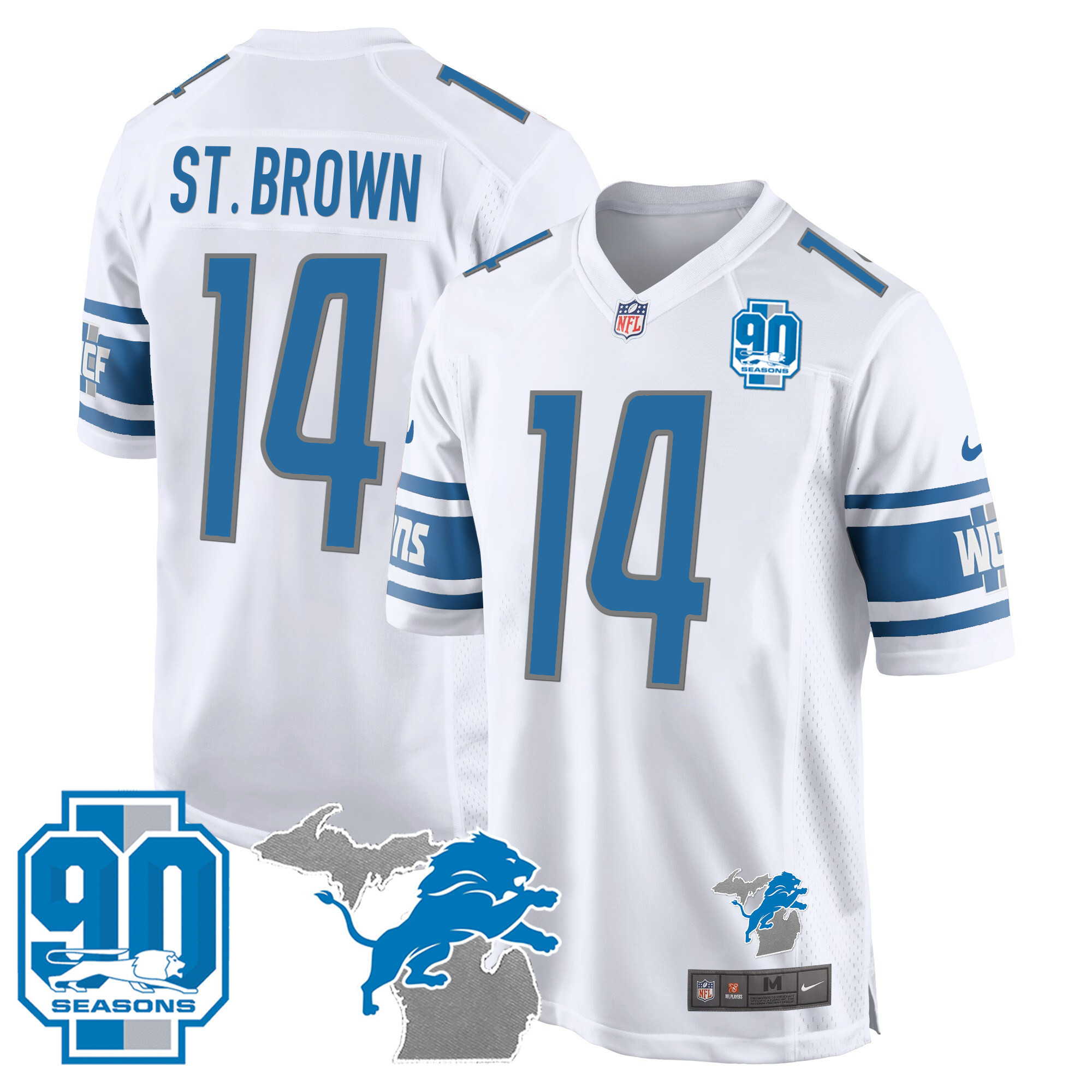 St. Brown Men's Detroit Lions 90th Year & Michigan Patch Game White Jersey - All Stitched