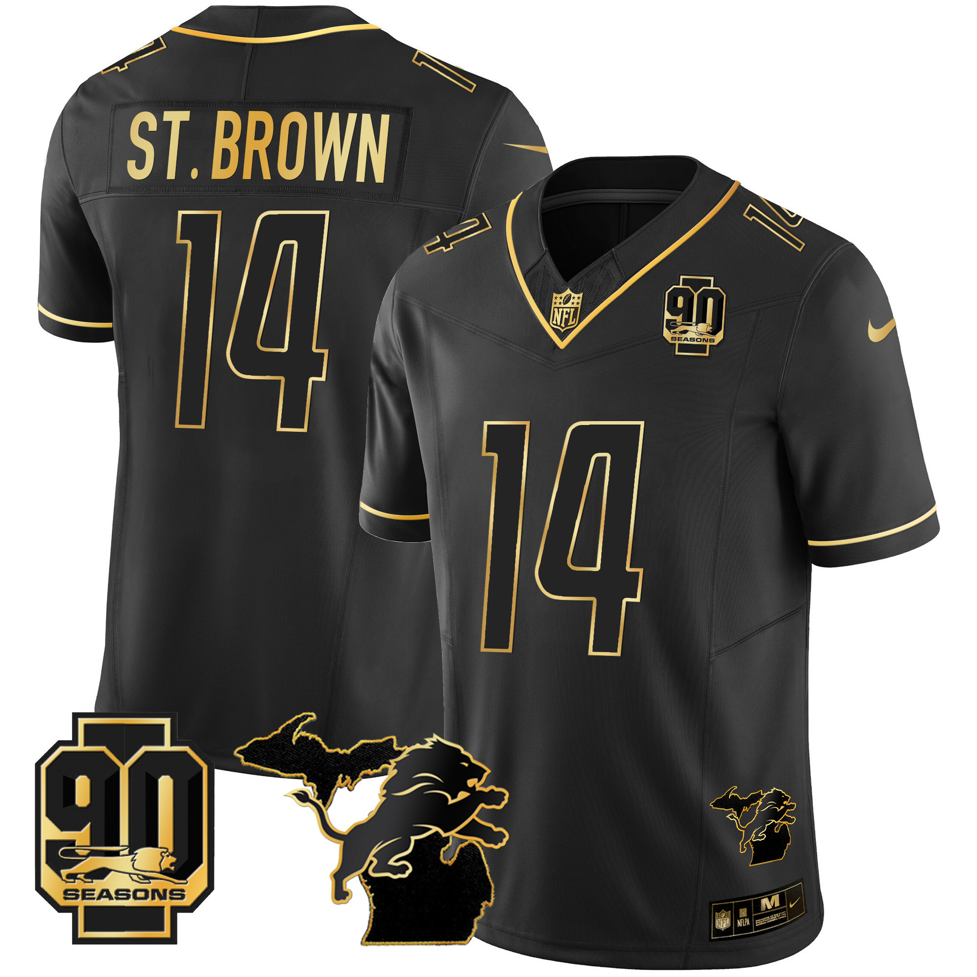 St. Brown Men's Detroit Lions 90th Year & Michigan Patch Gold Vapor Black Gold Jersey - All Stitched