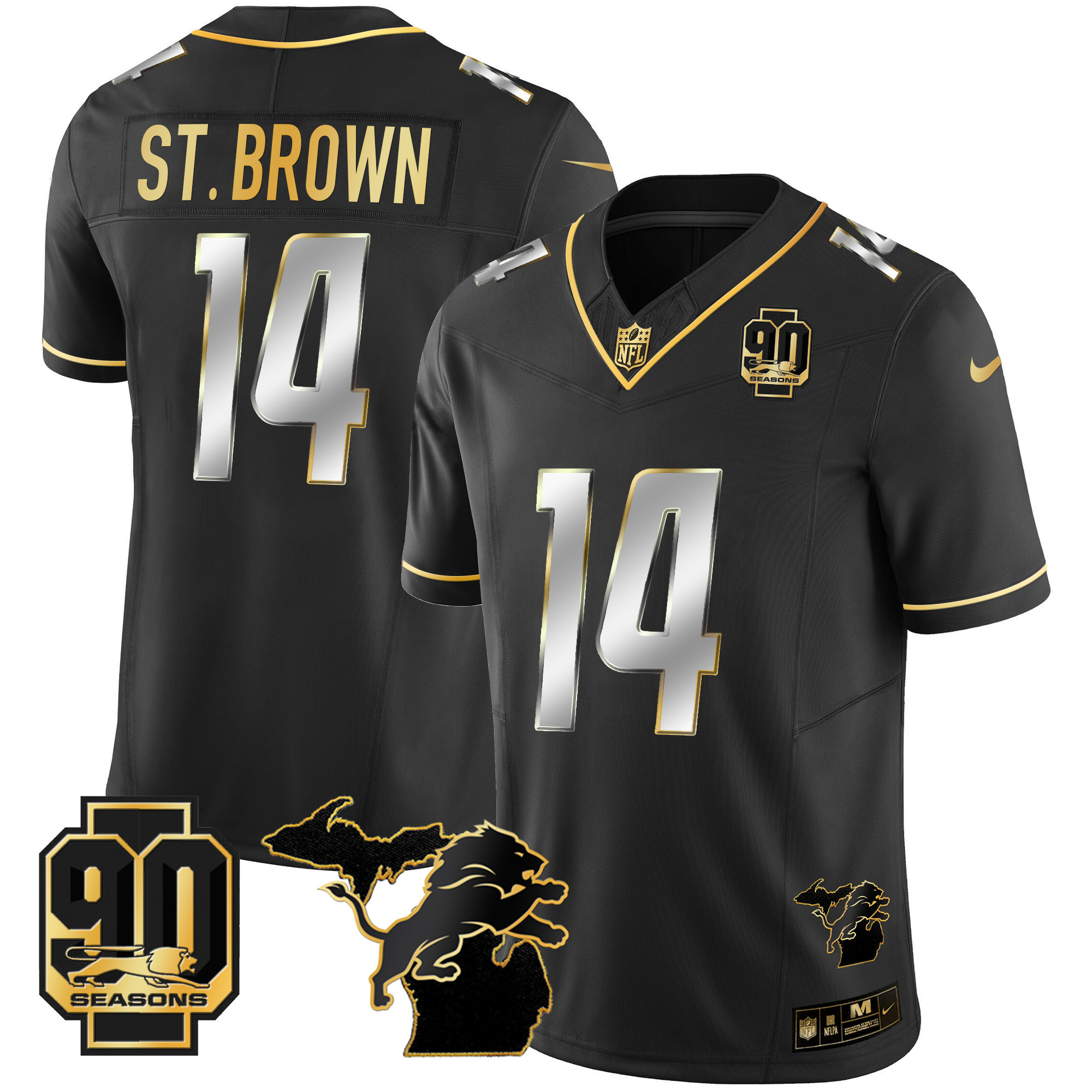 St. Brown Men's Detroit Lions 90th Year & Michigan Patch Gold Vapor Black Limited Jersey - All Stitched