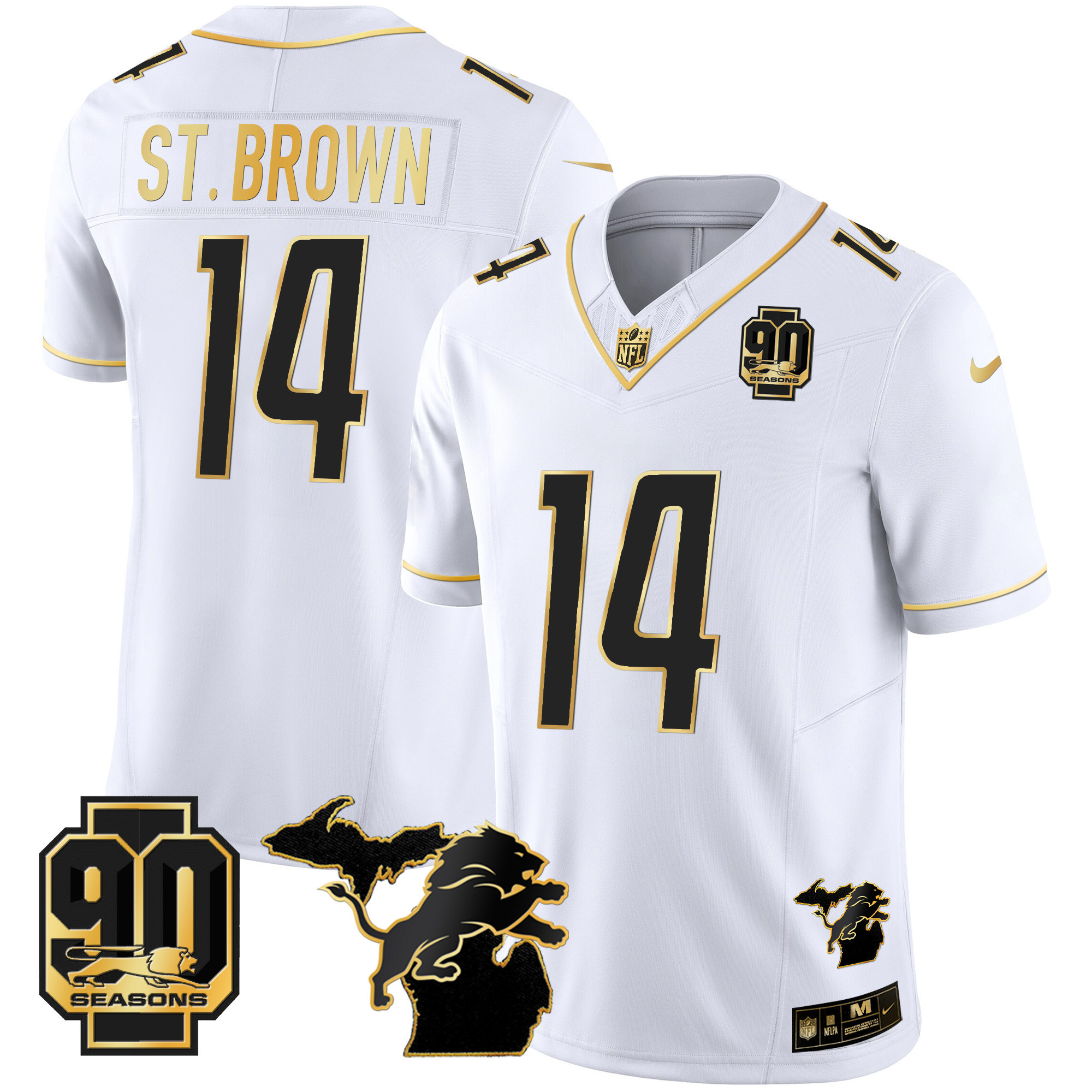 St. Brown Men's Detroit Lions 90th Year & Michigan Patch Gold Vapor White Gold Jersey - All Stitched