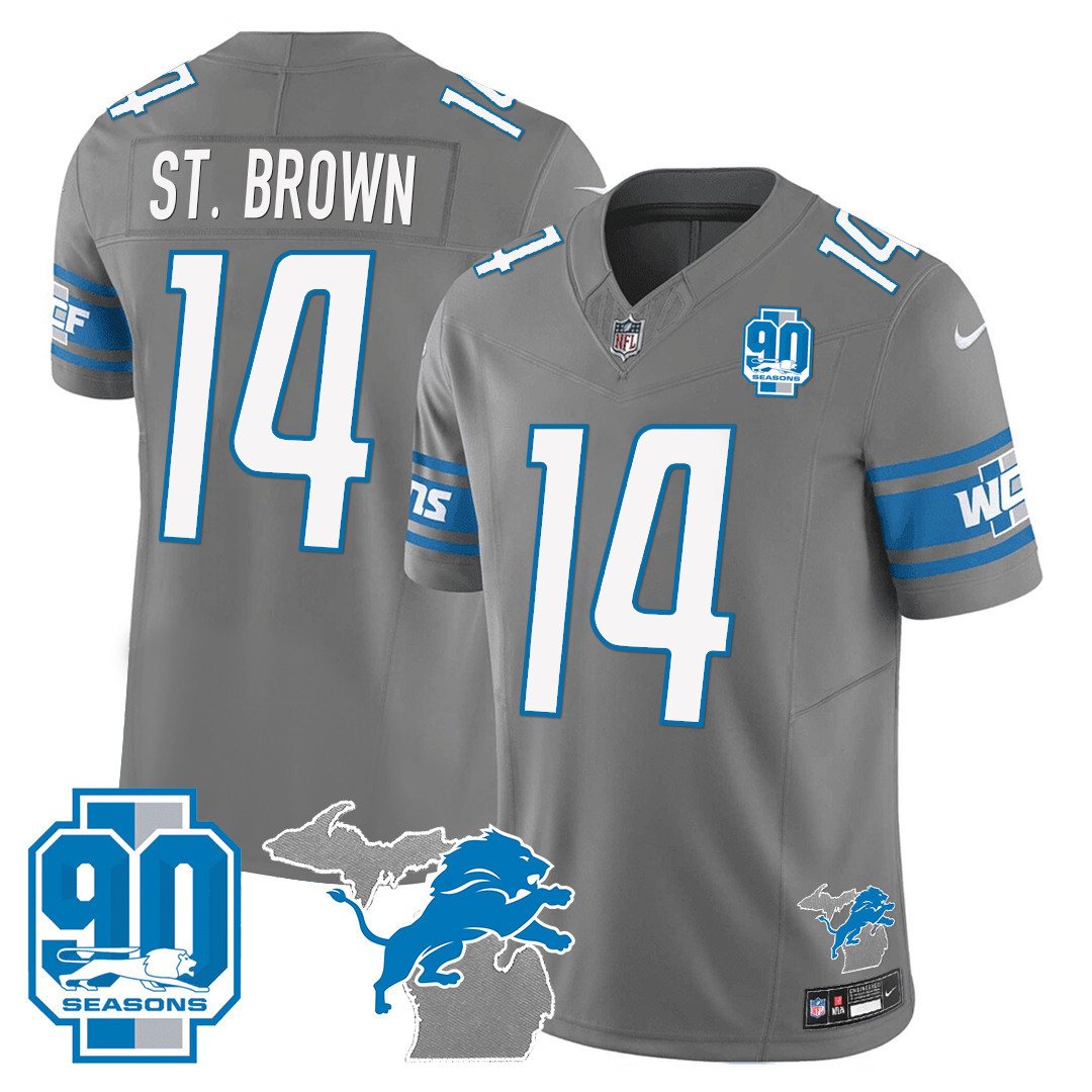 St. Brown Men's Detroit Lions 90th Year & Michigan Patch Vapor Gray Jersey - All Stitched