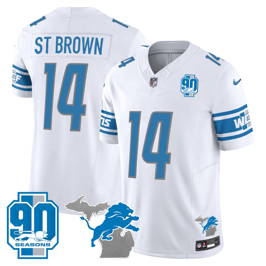 St. Brown Men's Detroit Lions 90th Year & Michigan Patch Vapor White Jersey - All Stitched