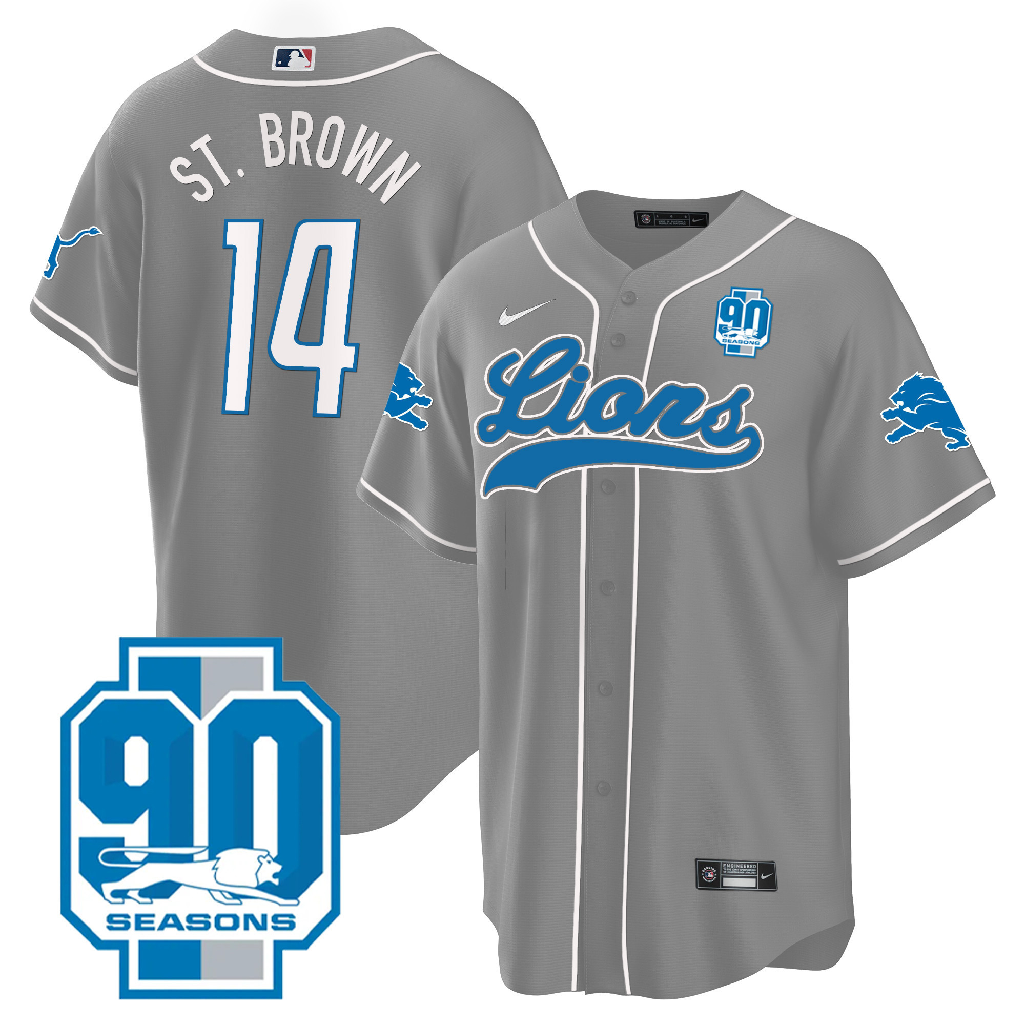St. Brown Men's Detroit Lions 90th Year Patch Baseball Gray Jersey - All Stitched