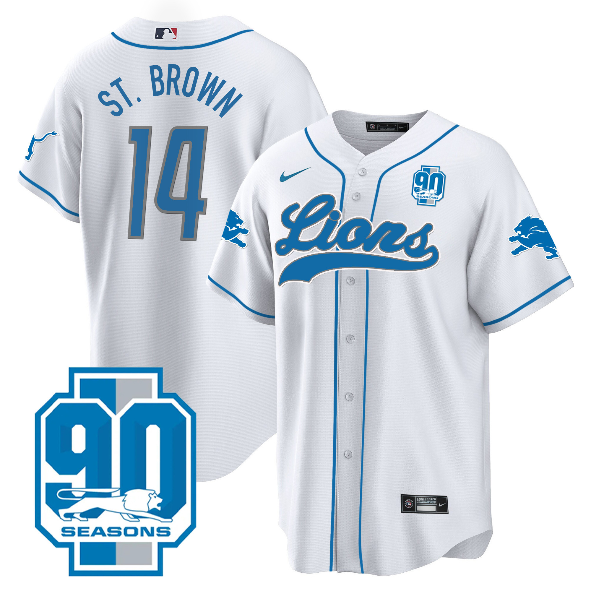St. Brown Men's Detroit Lions 90th Year Patch Baseball White Jersey - All Stitched