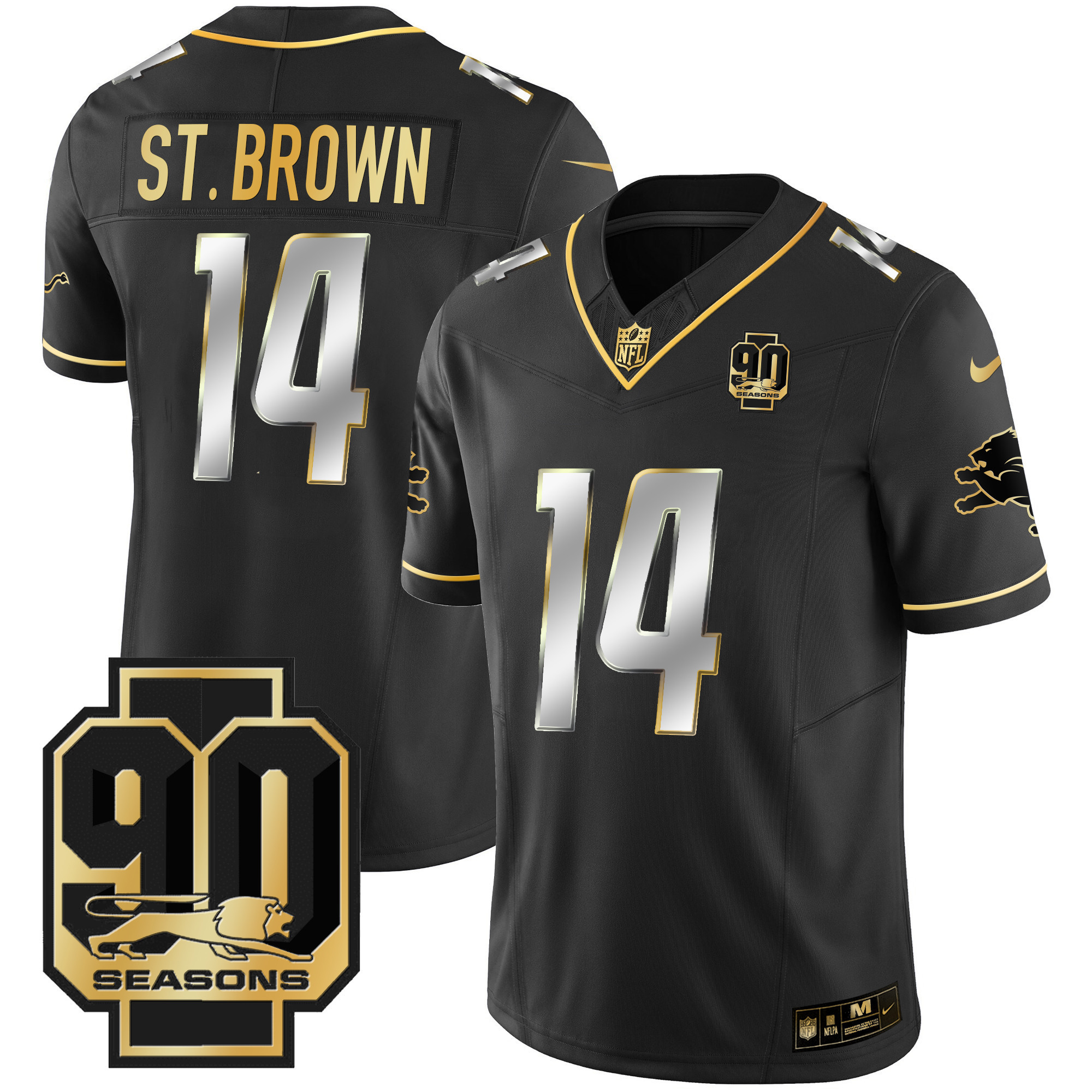 St. Brown Men's Detroit Lions 90th Year Patch Gold Black Limited Jersey - All Stitched