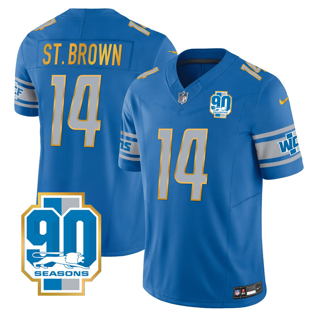 St. Brown Men's Detroit Lions 90th Year Patch Gold Trim Blue Jersey - All Stitched