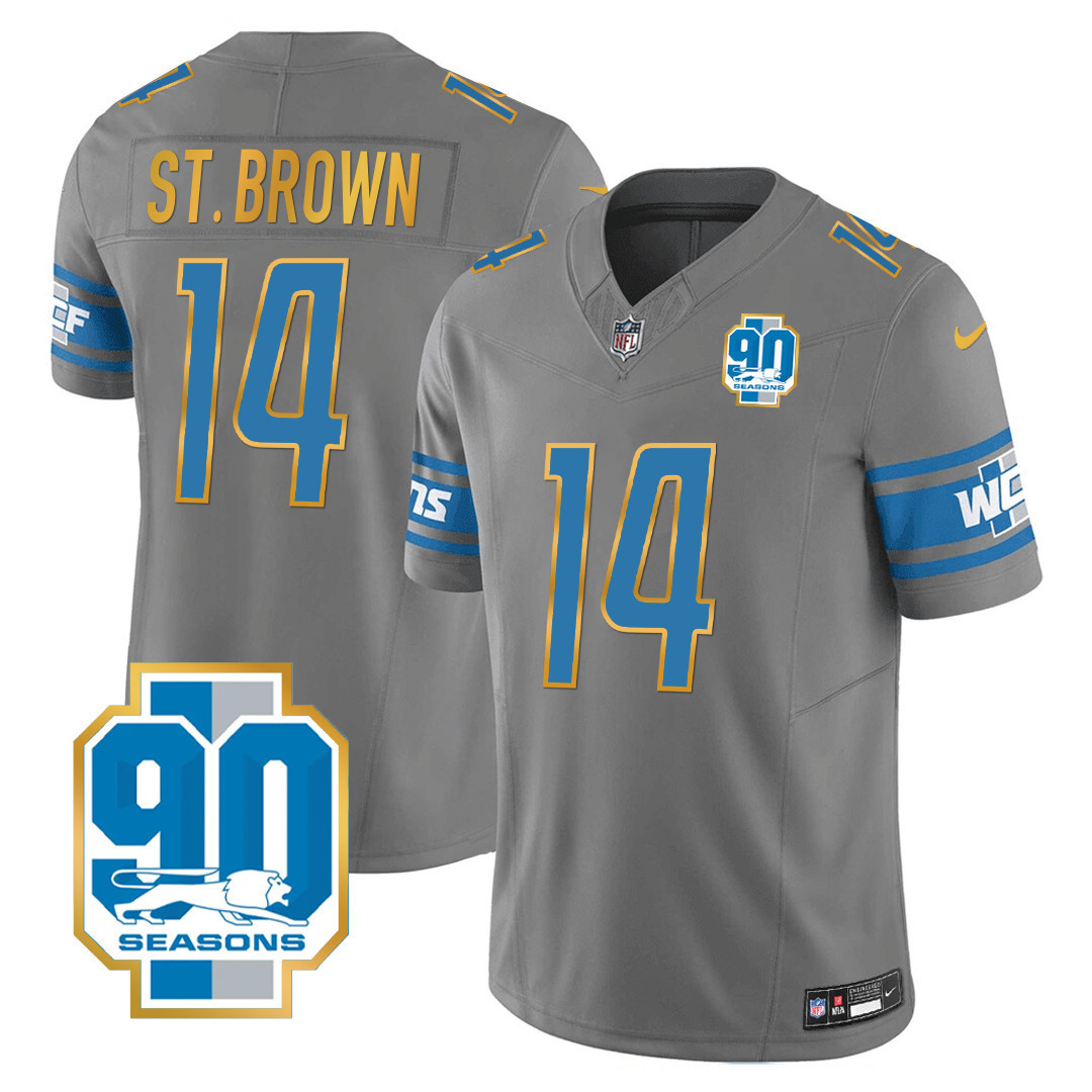St. Brown Men's Detroit Lions 90th Year Patch Gold Trim Gray Jersey - All Stitched