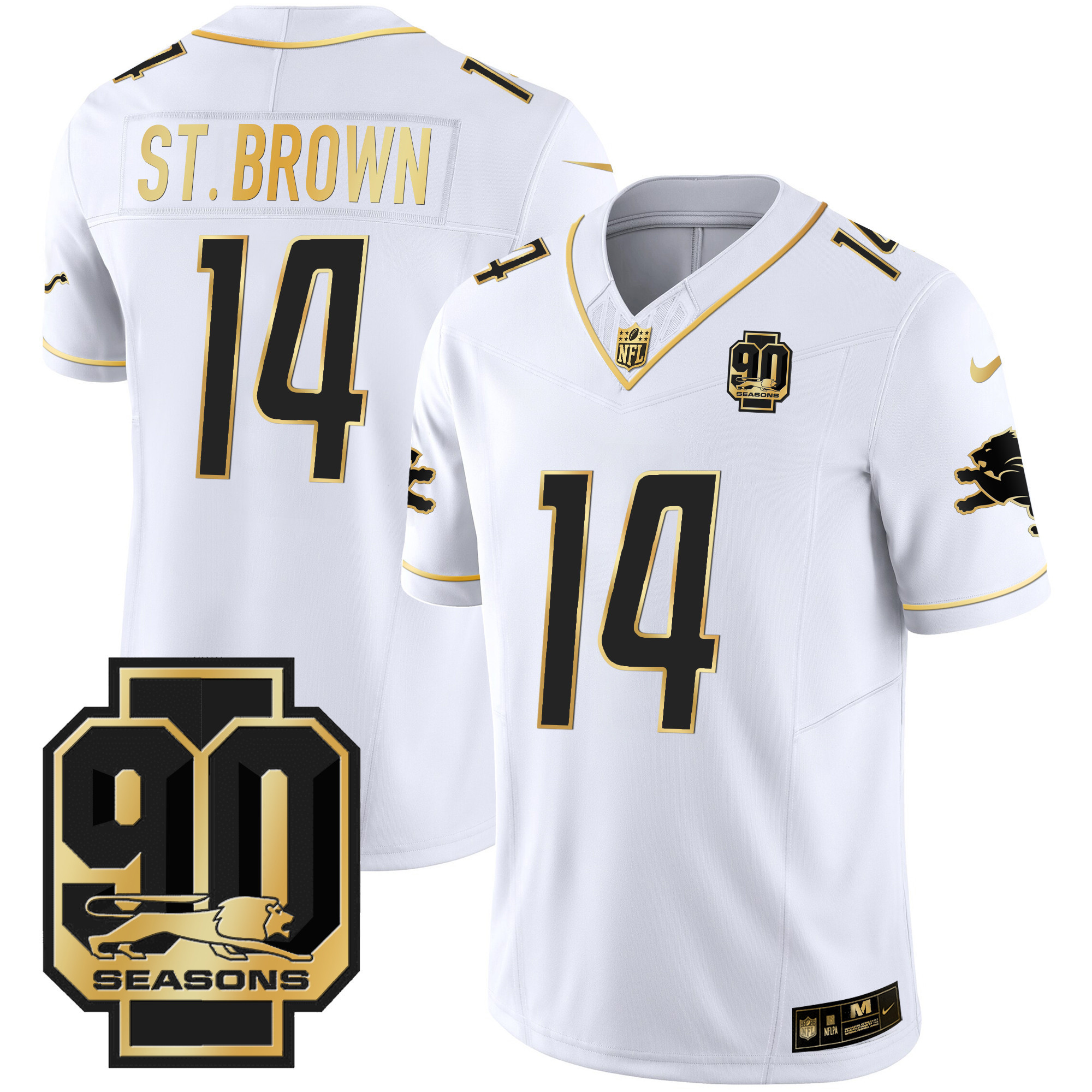 St. Brown Men's Detroit Lions 90th Year Patch Gold White Gold Jersey - All Stitched