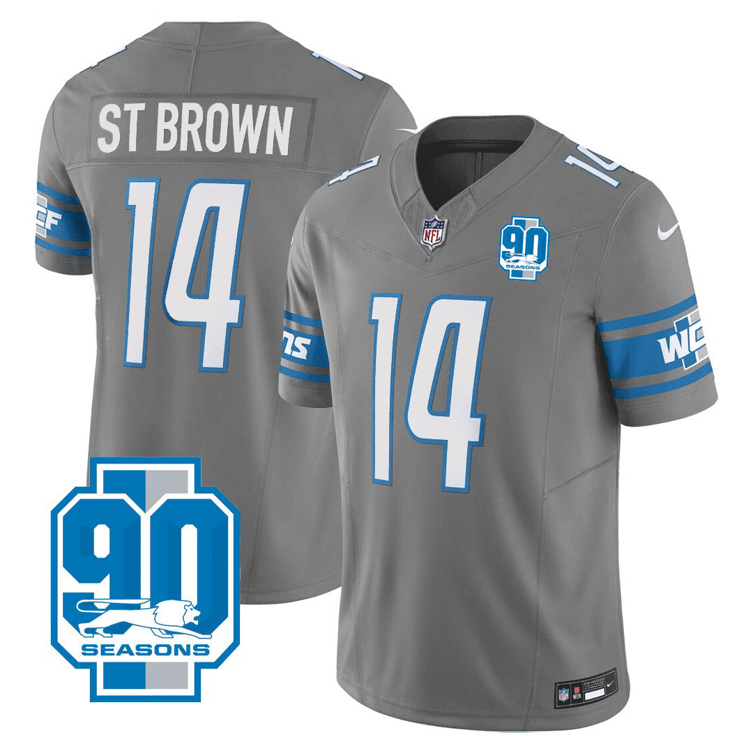 St. Brown Men's Detroit Lions 90th Year Patch Gray Jersey - All Stitched