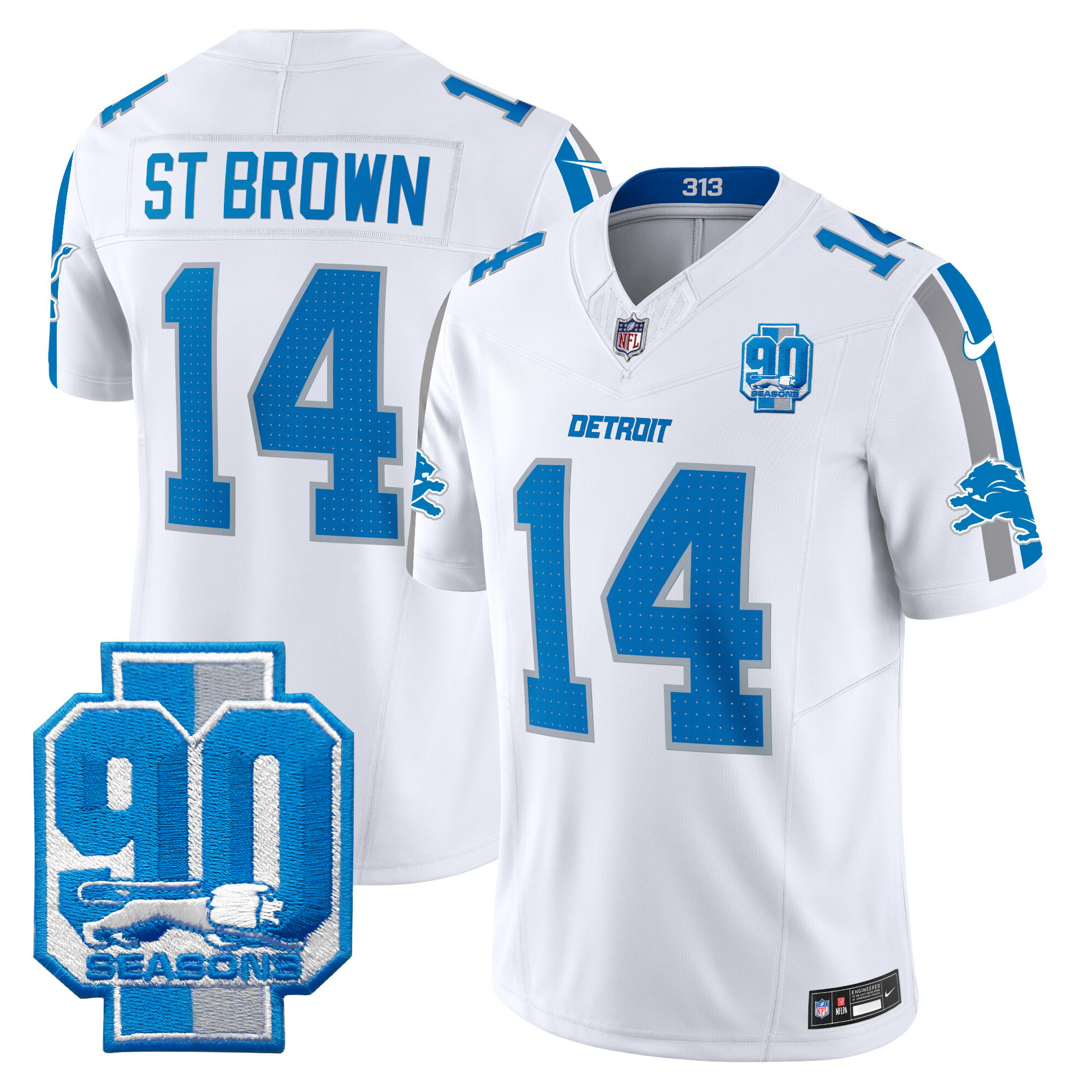 St. Brown Men's Detroit Lions 90th Year Patch Vapor Limited White Jersey - All Stitched