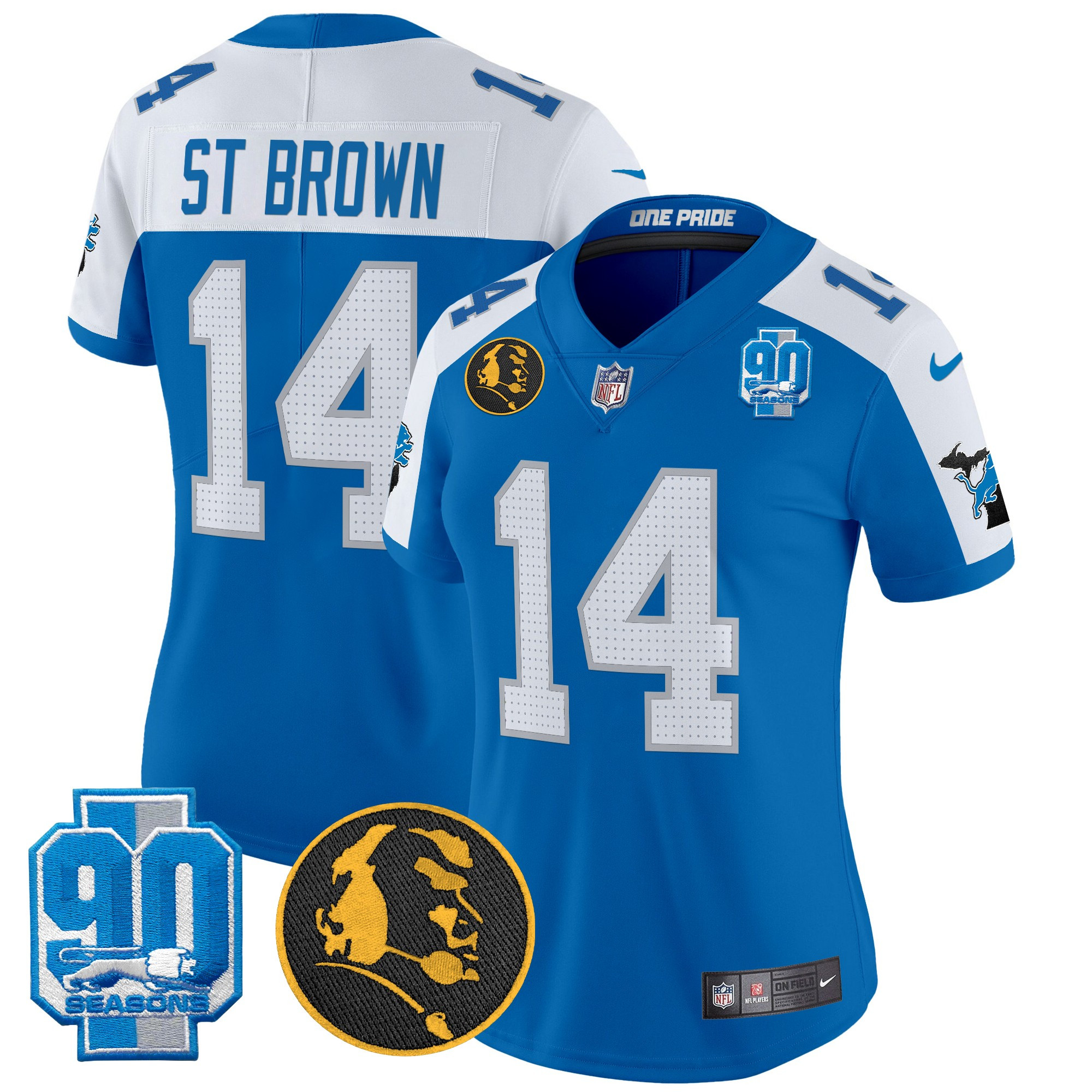 St. Brown Women's Detroit Lions 2024 90th & John Madden Patch Vapor Limited Blue Alternate Jersey - All Stitched