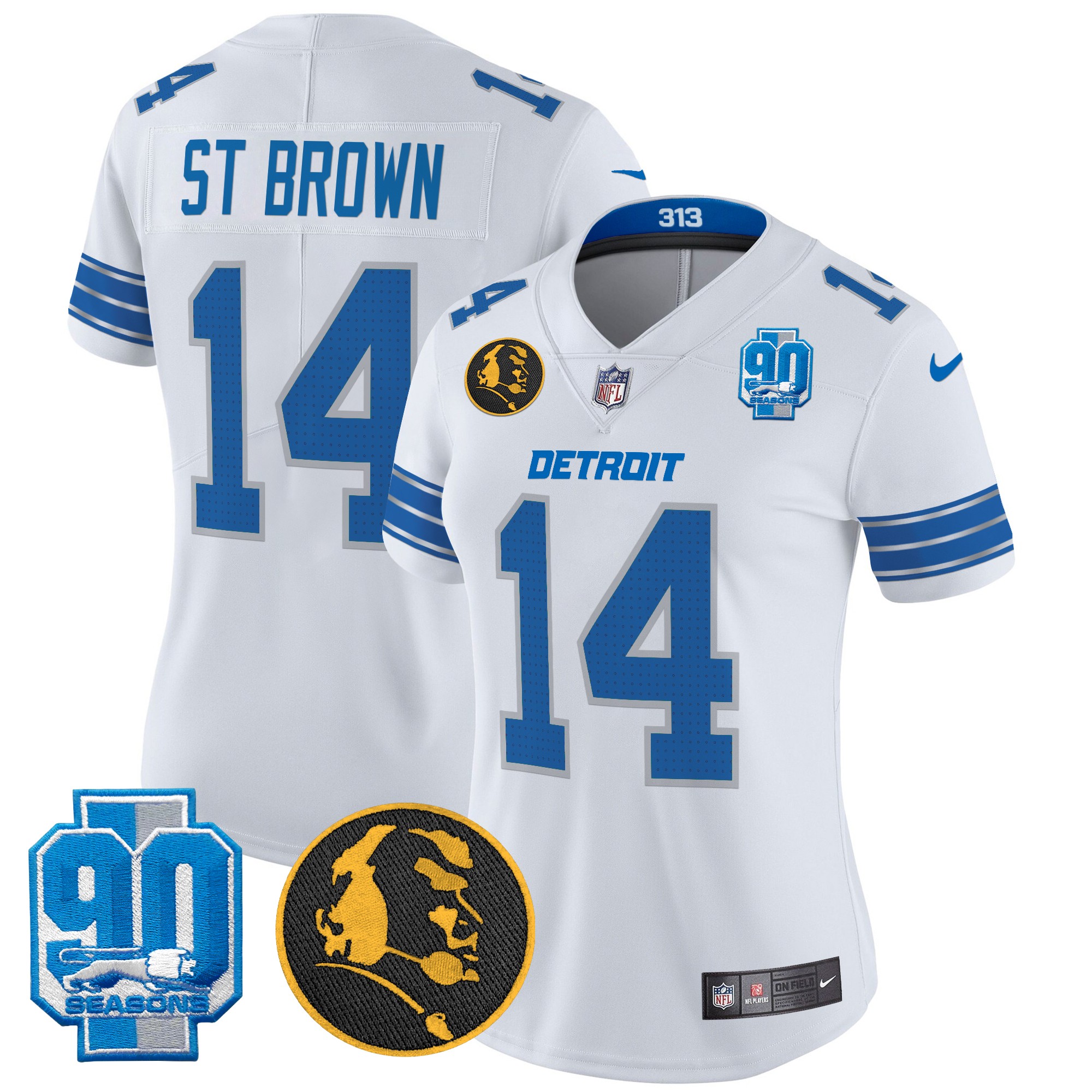 St. Brown Women's Detroit Lions 2024 90th & John Madden Patch Vapor Limited White Jersey - All Stitched