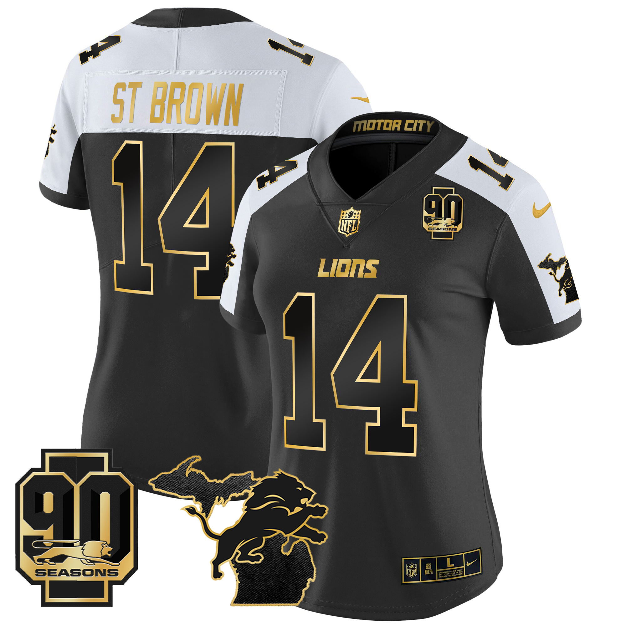 St. Brown Women's Detroit Lions 2024 Michigan & 90th Year Patch Gold Vapor Limited Alternate Jersey - All Stitched
