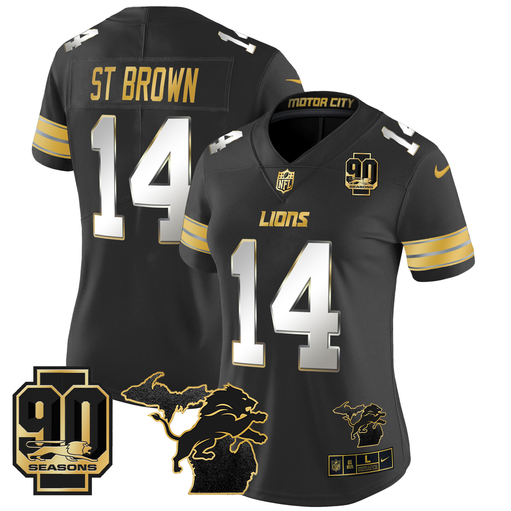 St. Brown Women's Detroit Lions 2024 Michigan & 90th Year Patch Gold Vapor Limited Black Limited Jersey - All Stitched