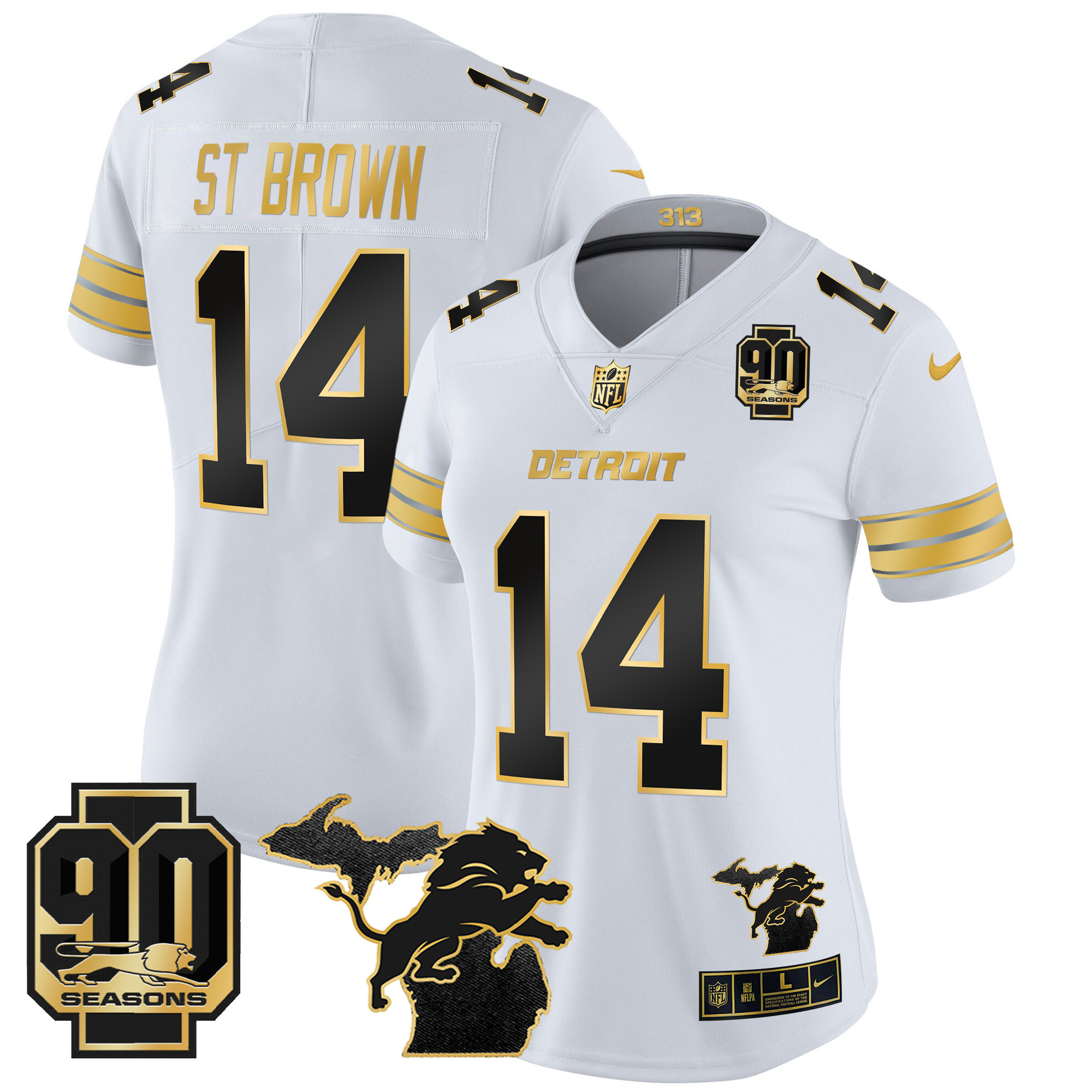 St. Brown Women's Detroit Lions 2024 Michigan & 90th Year Patch Gold Vapor Limited White Gold Jersey - All Stitched