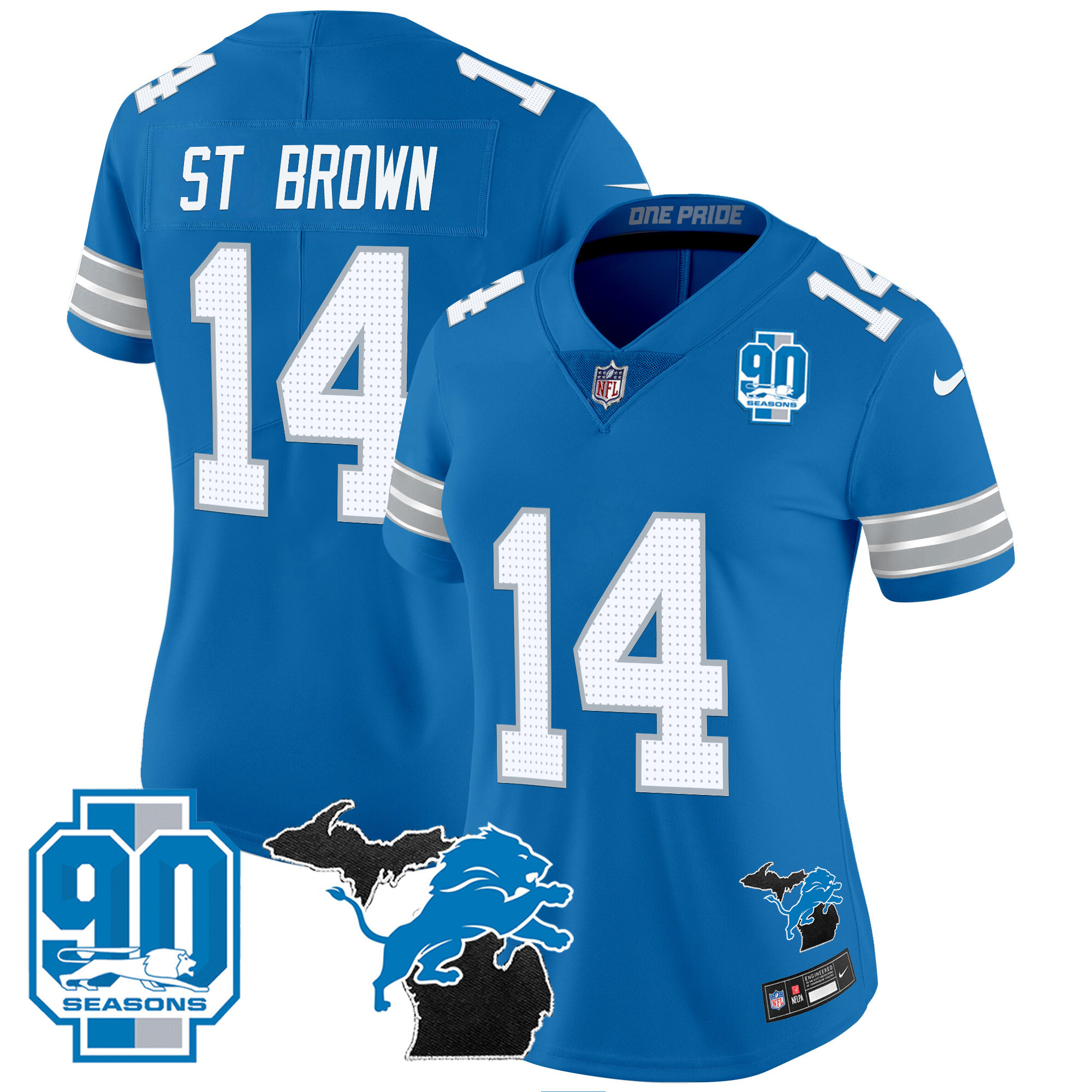 St. Brown Women's Detroit Lions 2024 Michigan & 90th Year Patch Vapor Blue Jersey - All Stitched