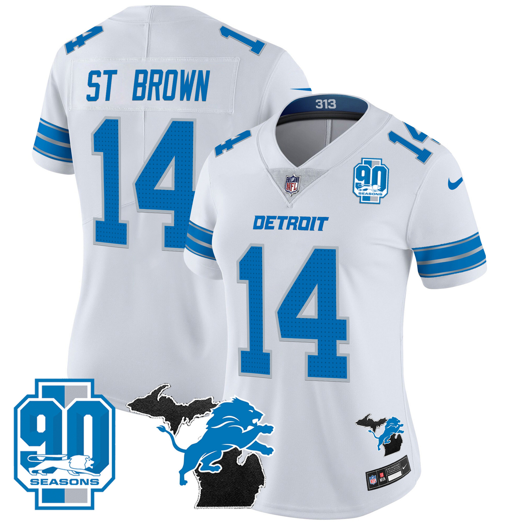 St. Brown Women's Detroit Lions 2024 Michigan & 90th Year Patch Vapor White Jersey - All Stitched