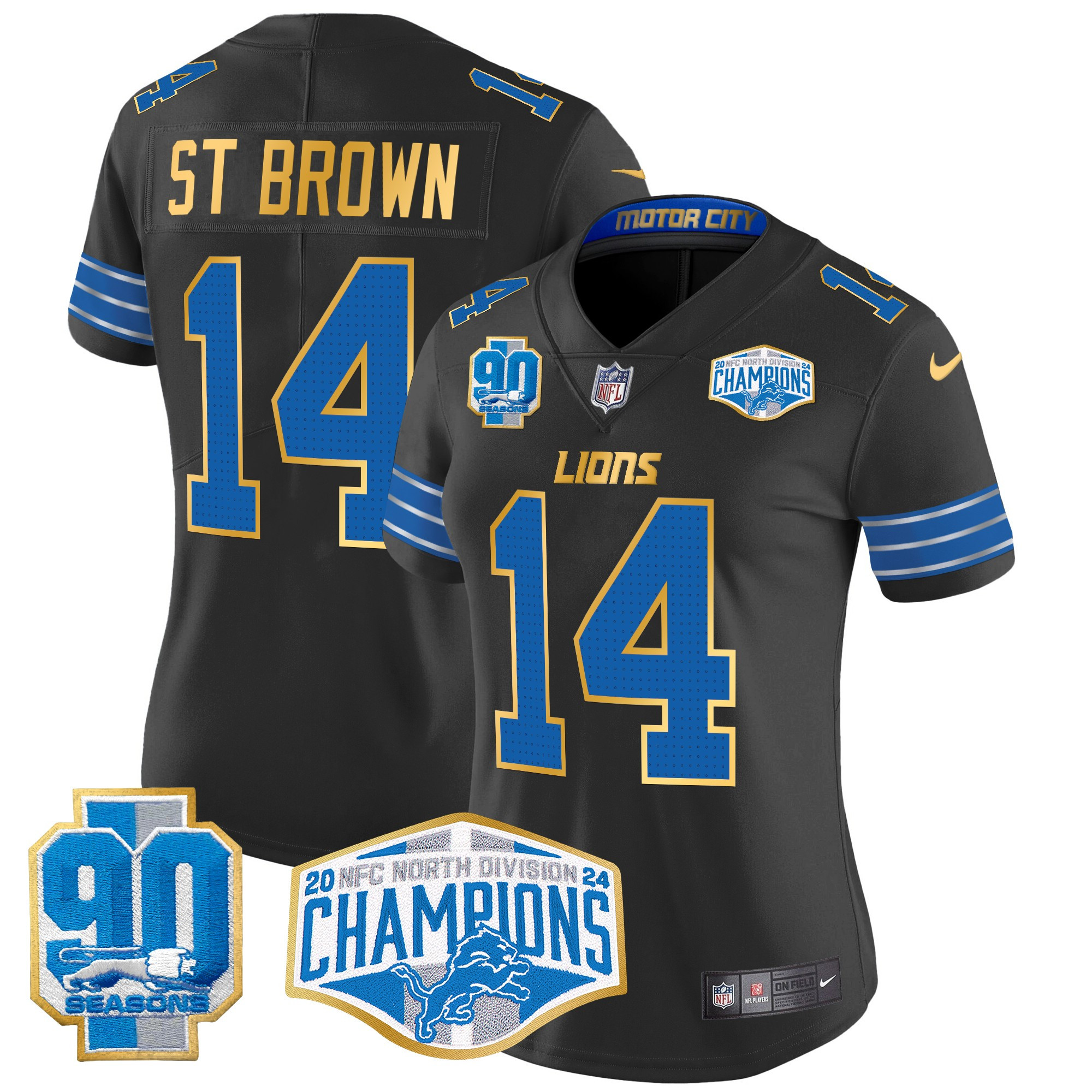 St. Brown Women's Detroit Lions 2024 NFC North Division Champions Patch Gold Trim Vapor Limited Black Jersey - All Stitched