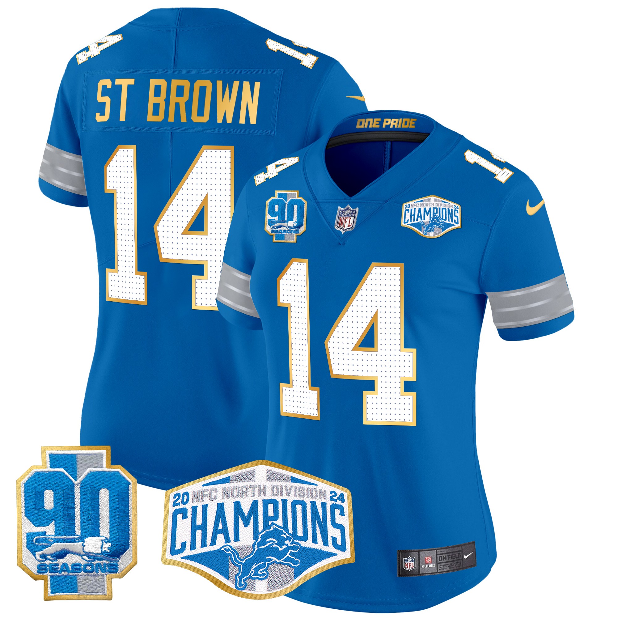 St. Brown Women's Detroit Lions 2024 NFC North Division Champions Patch Gold Trim Vapor Limited Blue Jersey - All Stitched