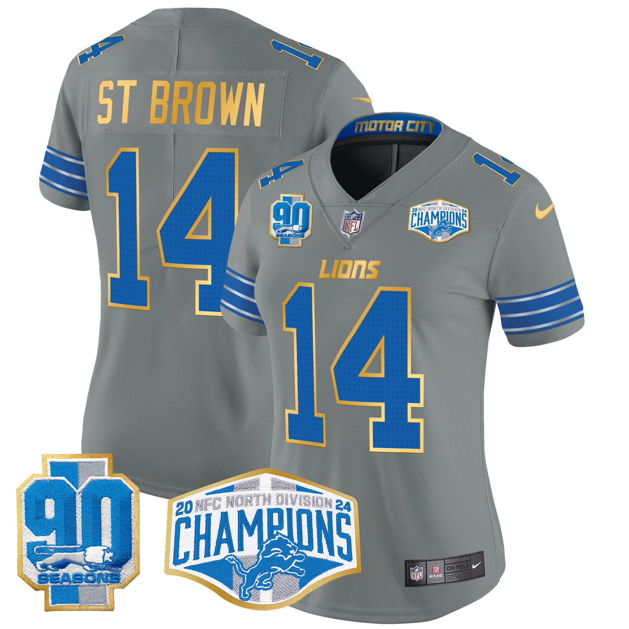St. Brown Women's Detroit Lions 2024 NFC North Division Champions Patch Gold Trim Vapor Limited Gray Jersey - All Stitched