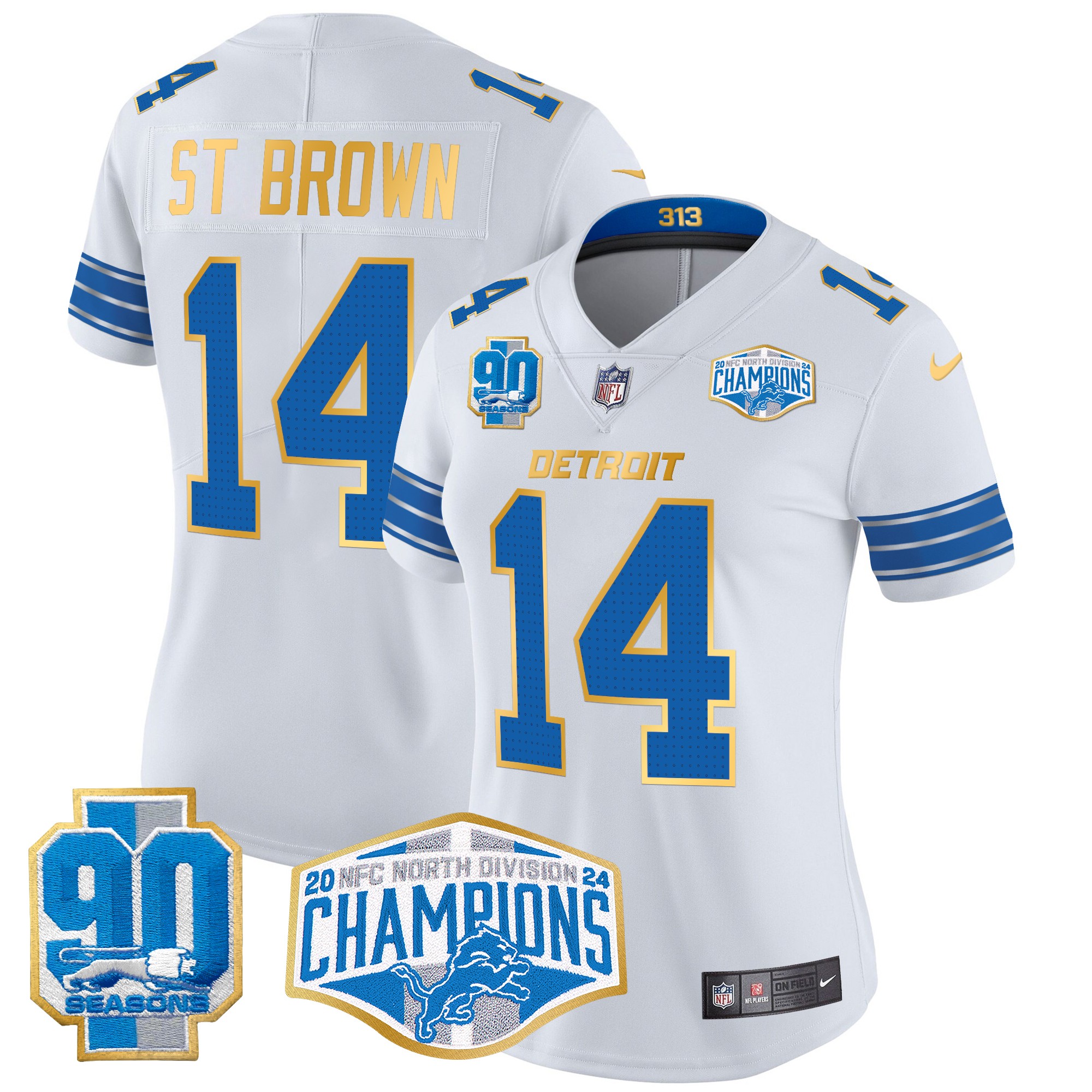 St. Brown Women's Detroit Lions 2024 NFC North Division Champions Patch Gold Trim Vapor Limited White Jersey - All Stitched
