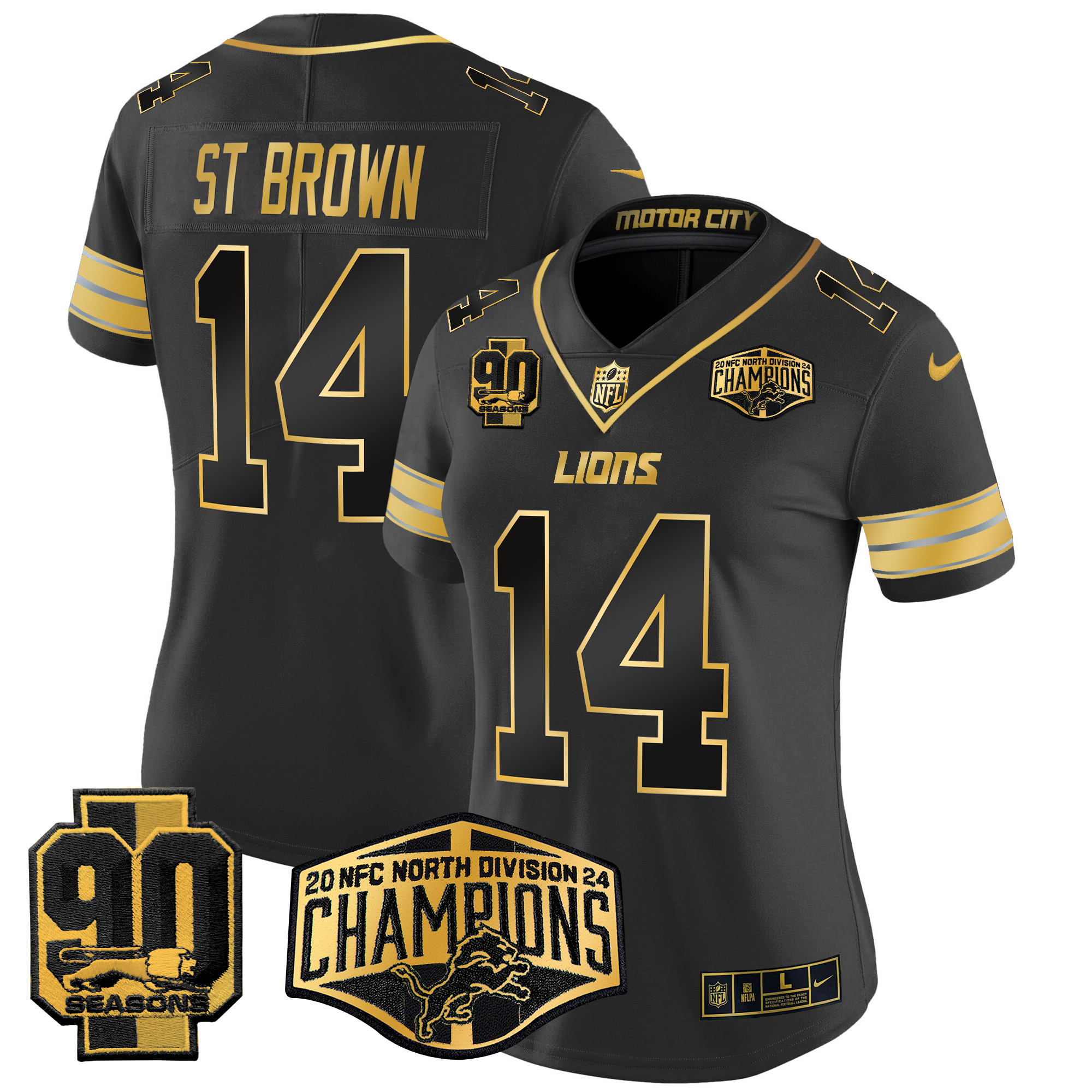 St. Brown Women's Detroit Lions 2024 NFC North Division Champions Patch Gold Vapor Limited Black Gold Jersey - All Stitched