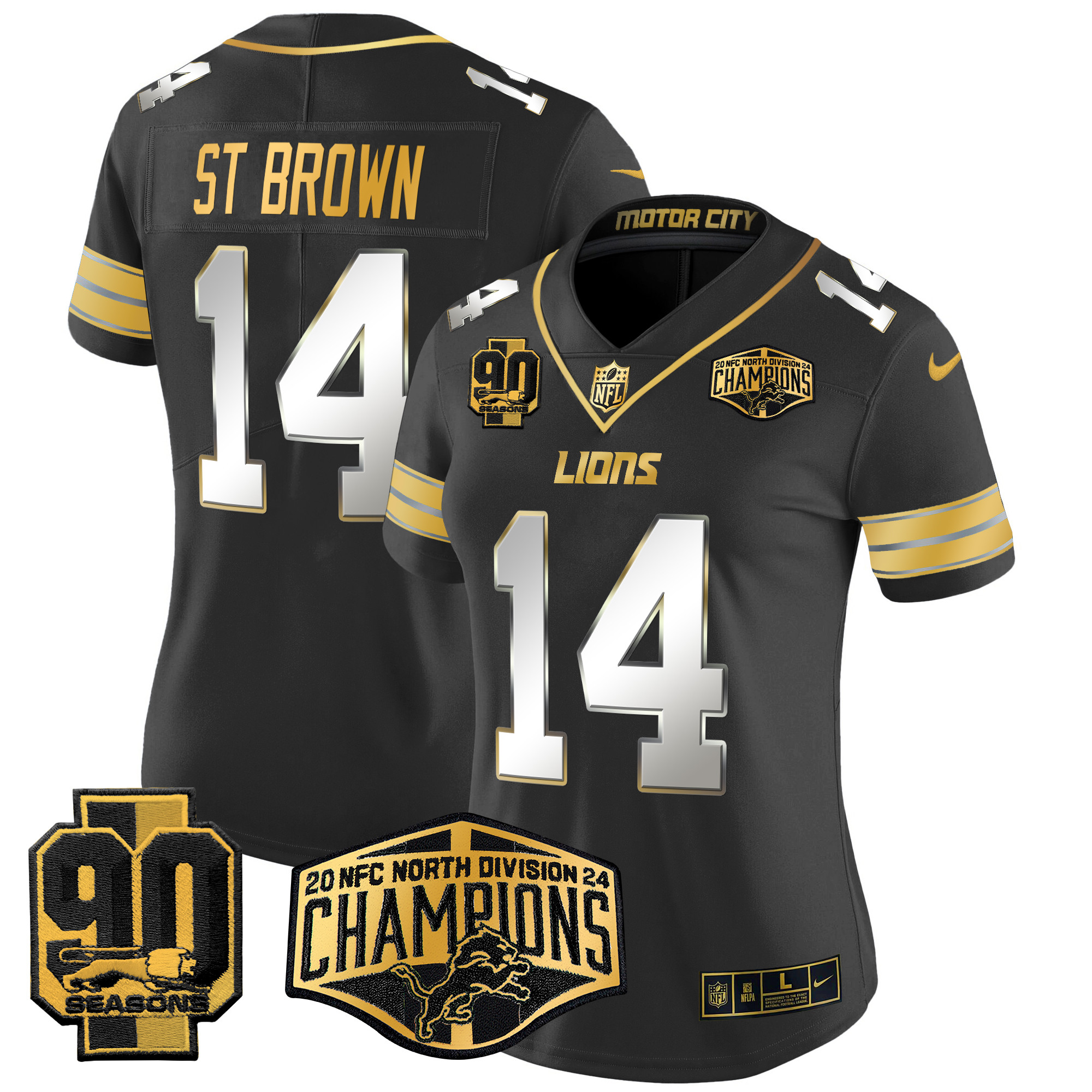 St. Brown Women's Detroit Lions 2024 NFC North Division Champions Patch Gold Vapor Limited Black Limited Jersey - All Stitched
