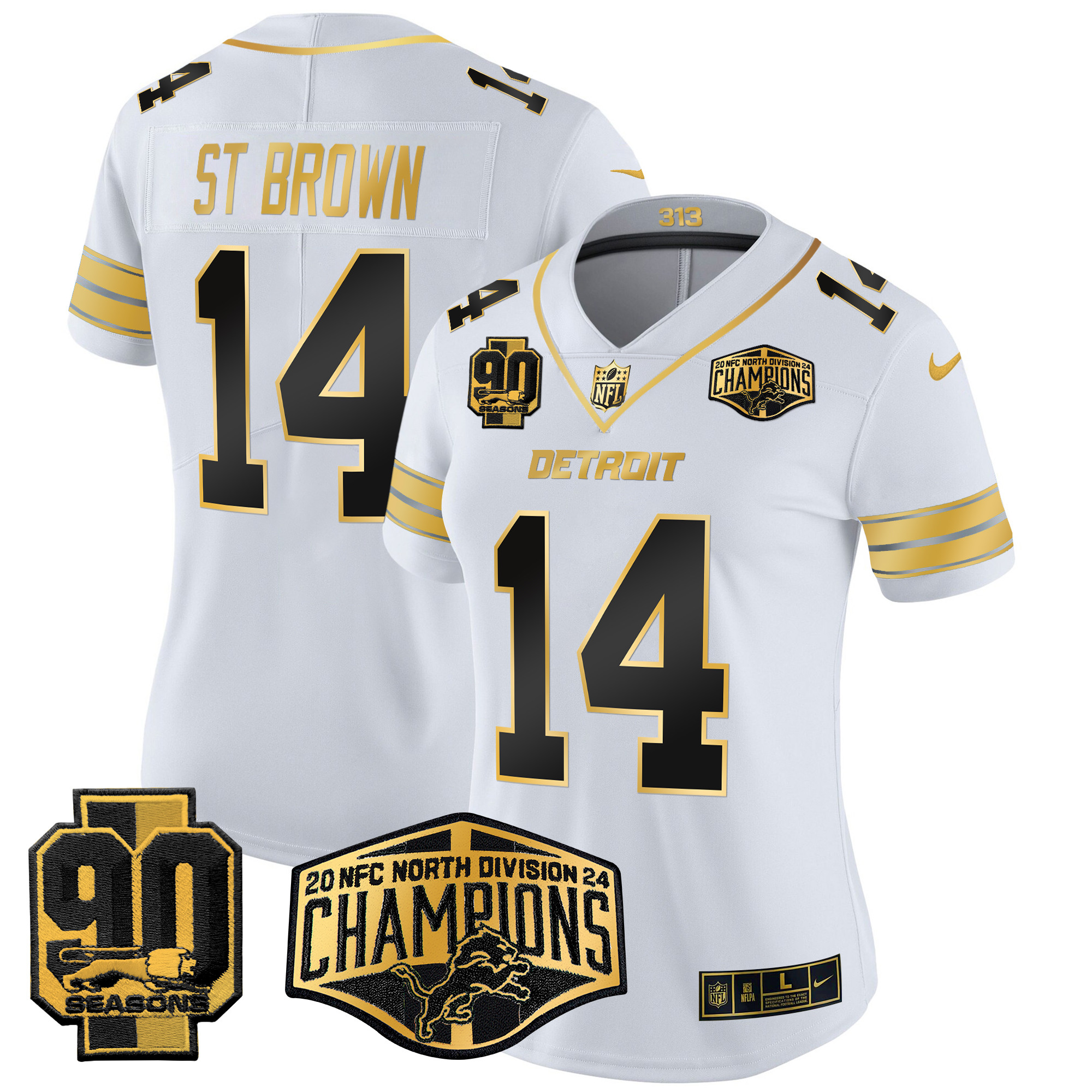 St. Brown Women's Detroit Lions 2024 NFC North Division Champions Patch Gold Vapor Limited White Gold Jersey - All Stitched