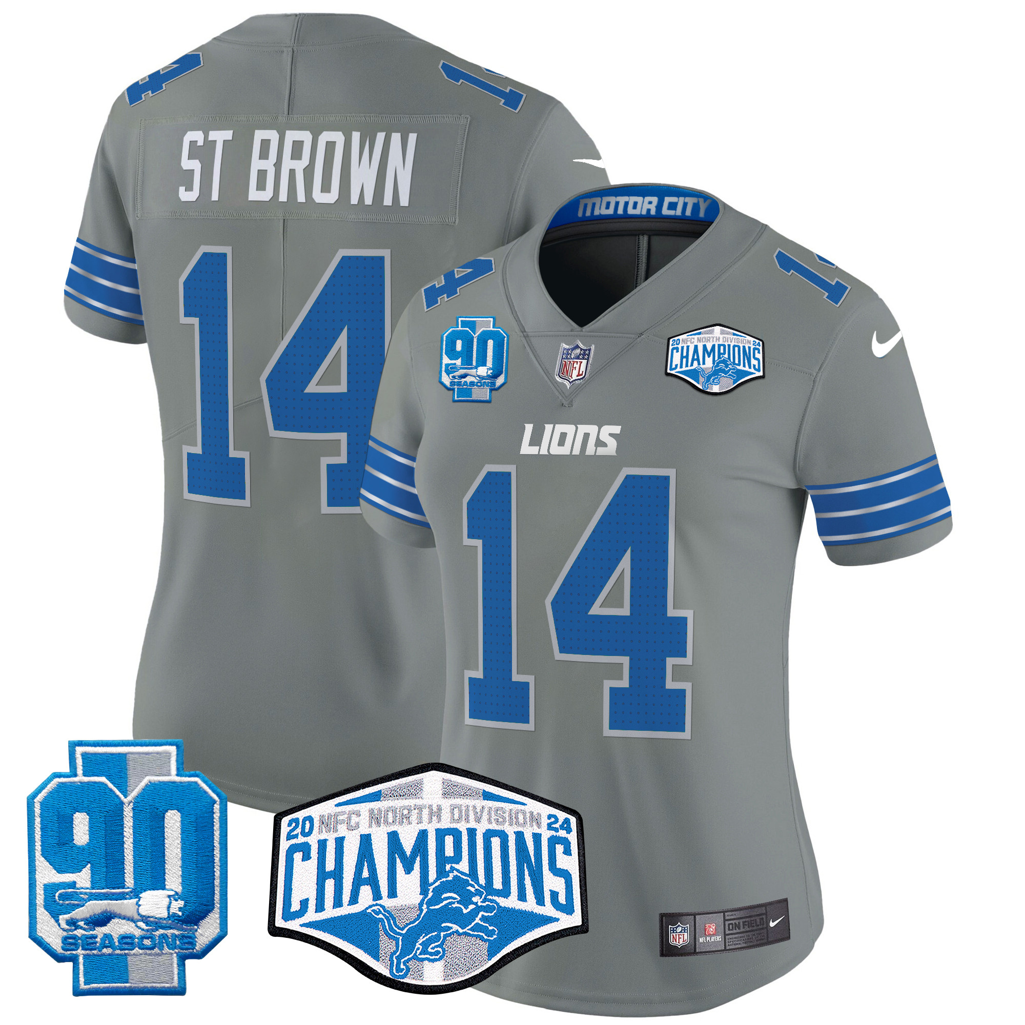 St. Brown Women's Detroit Lions 2024 NFC North Division Champions Patch Vapor Limited Gray Jersey - All Stitched