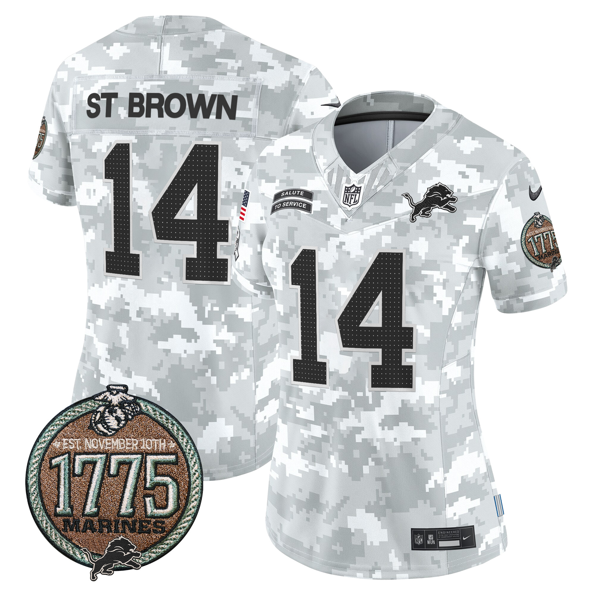 St. Brown Women's Detroit Lions 2024 Salute to Service Establishment Year Patch Vapor Limited Marines Jersey - All Stitched