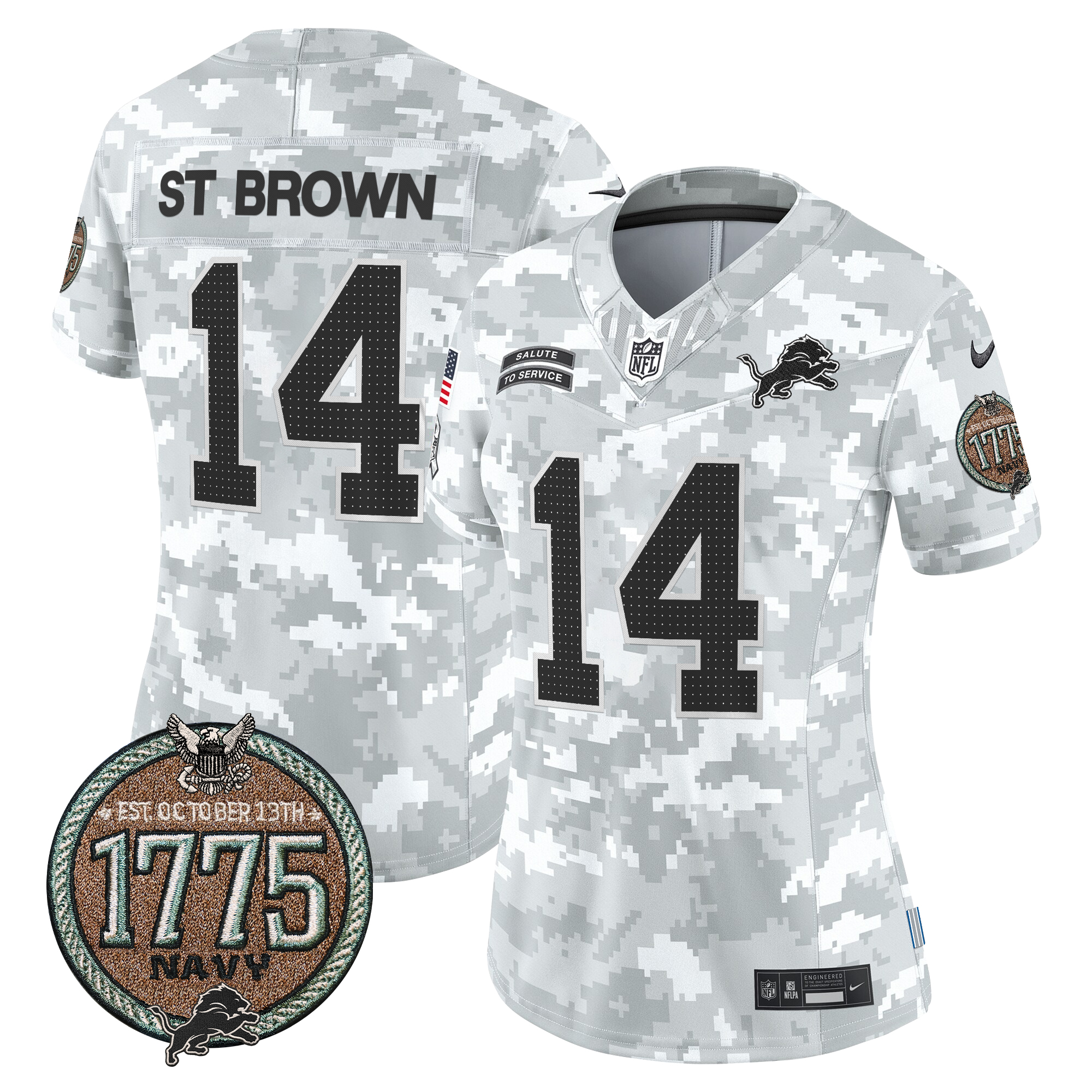 St. Brown Women's Detroit Lions 2024 Salute to Service Establishment Year Patch Vapor Limited Navy Jersey - All Stitched