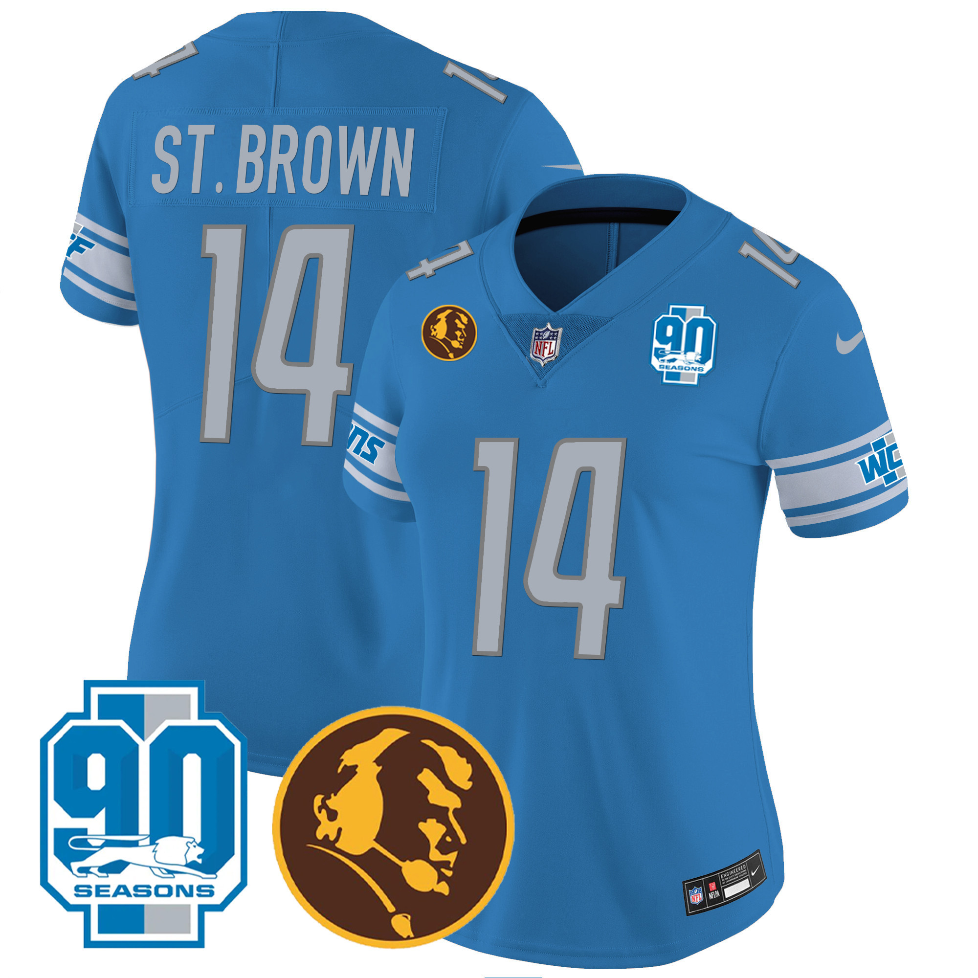 St. Brown Women's Detroit Lions 90th & John Madden Patch Blue Jersey - All Stitched