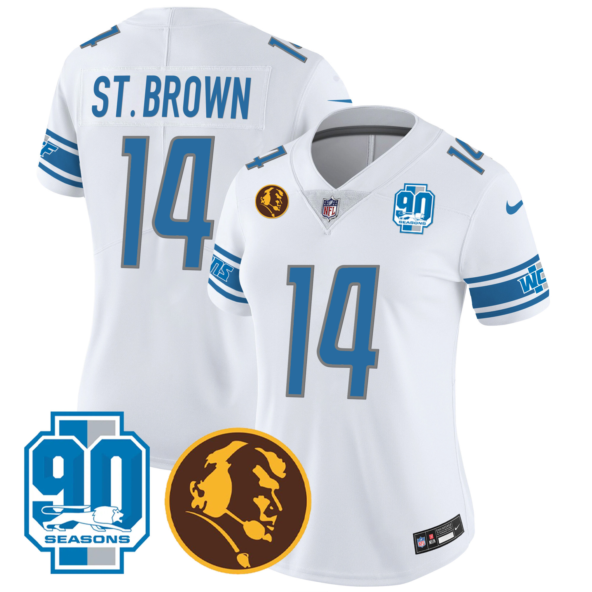 St. Brown Women's Detroit Lions 90th & John Madden Patch White Jersey - All Stitched