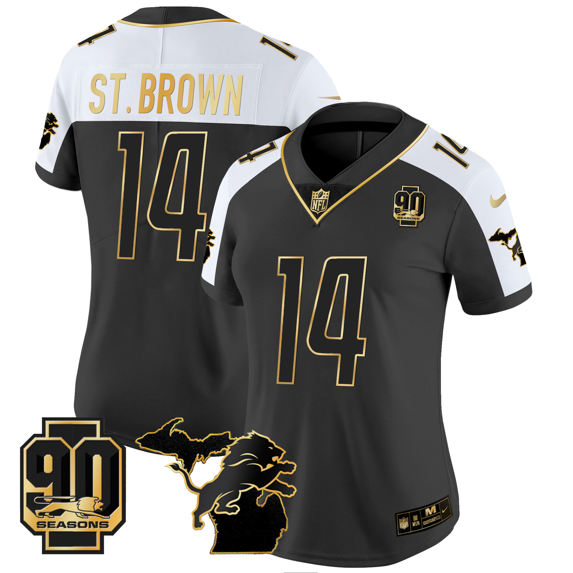 St. Brown Women's Detroit Lions 90th Year & Michigan Patch Gold Vapor Alternate Jersey - All Stitched