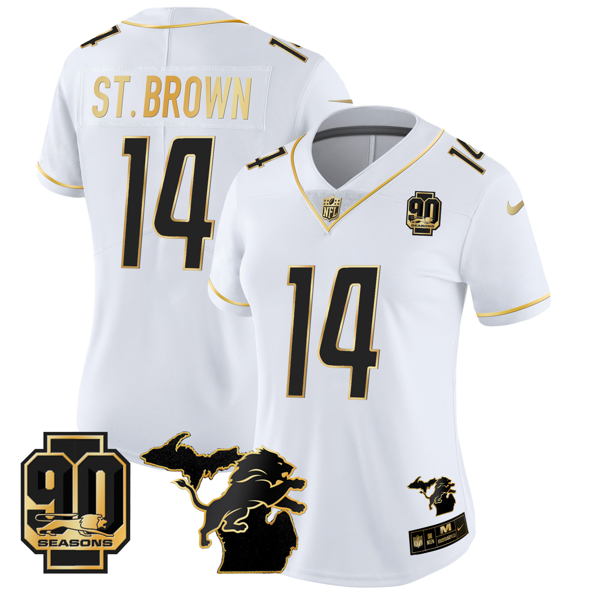 St. Brown Women's Detroit Lions 90th Year & Michigan Patch Gold Vapor White Gold Jersey - All Stitched