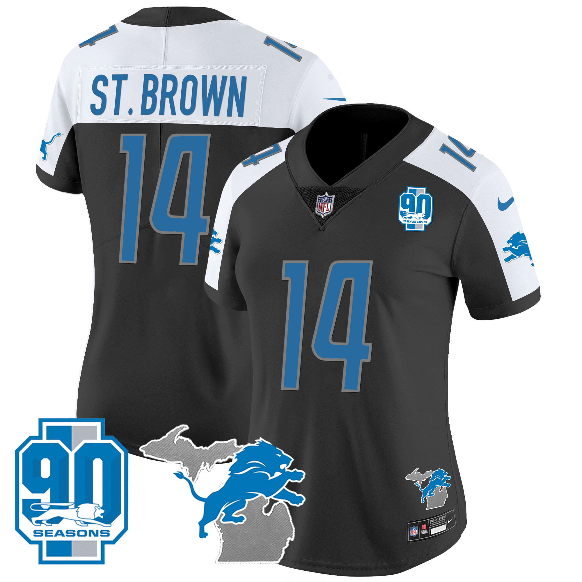 St. Brown Women's Detroit Lions 90th Year & Michigan Patch Vapor Black Alternate Jersey - All Stitched