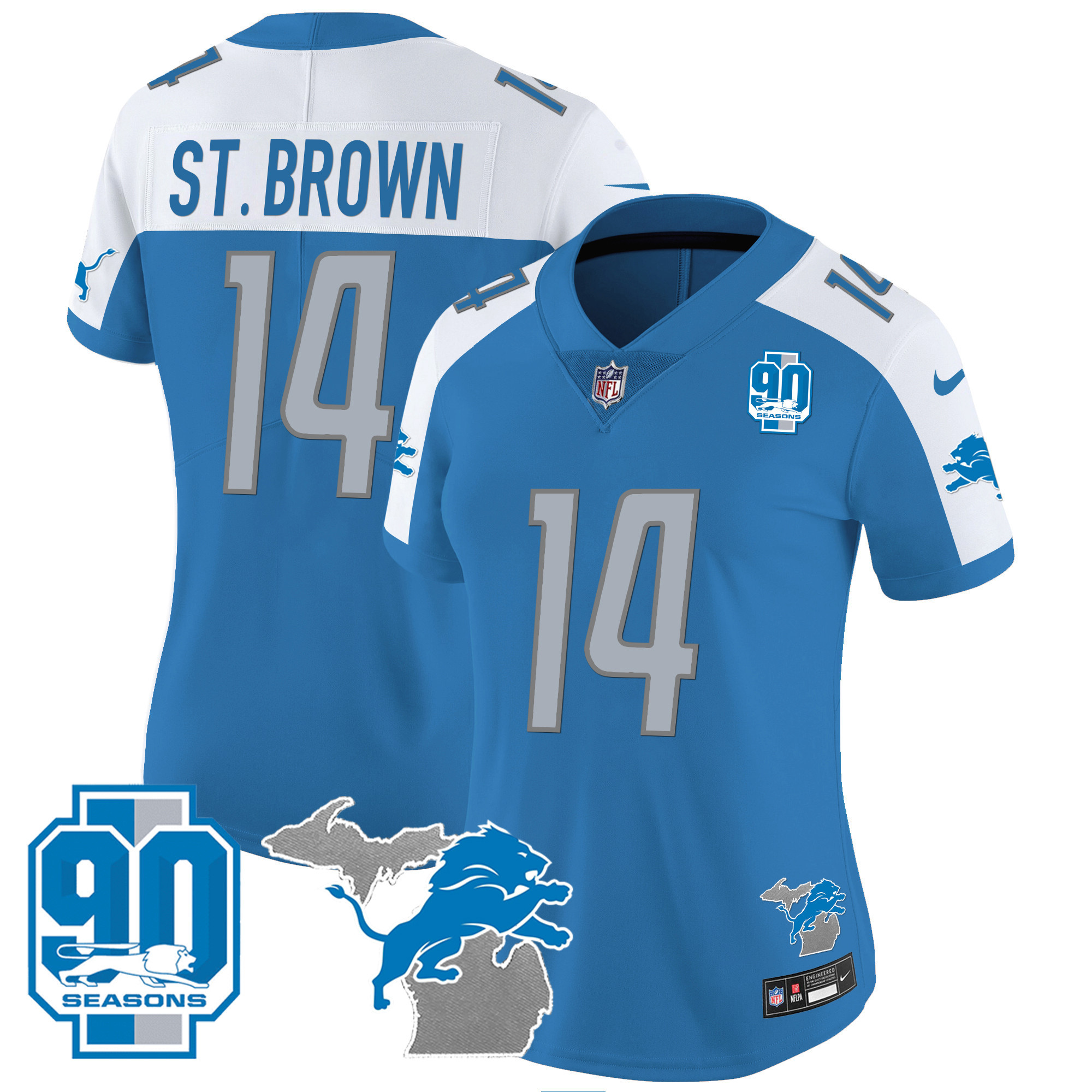 St. Brown Women's Detroit Lions 90th Year & Michigan Patch Vapor Blue Alternate Jersey - All Stitched