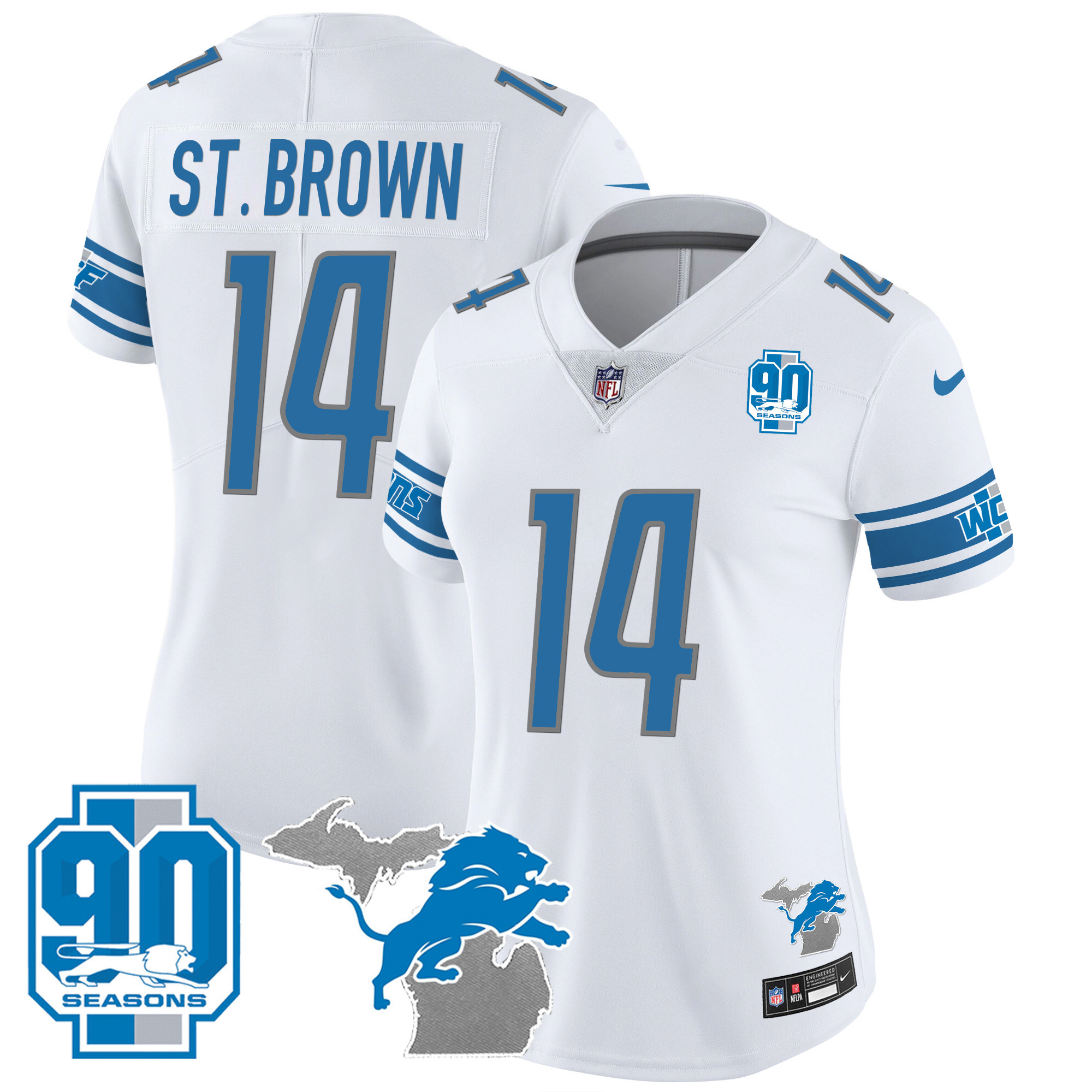 St. Brown Women's Detroit Lions 90th Year & Michigan Patch Vapor White Jersey - All Stitched