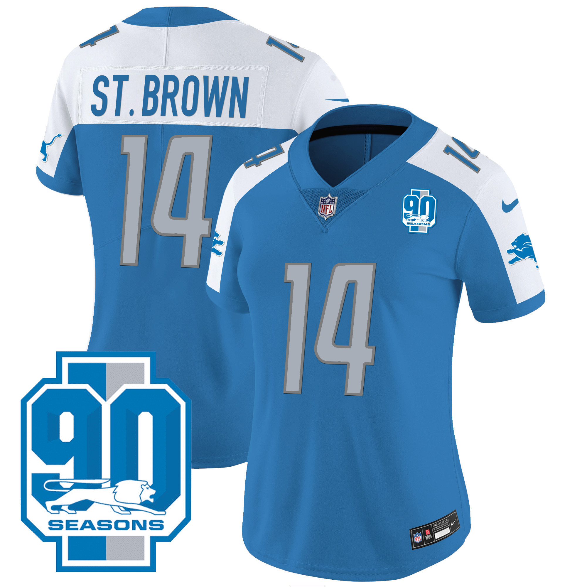 St. Brown Women's Detroit Lions 90th Year Patch Blue Alternate Jersey - All Stitched