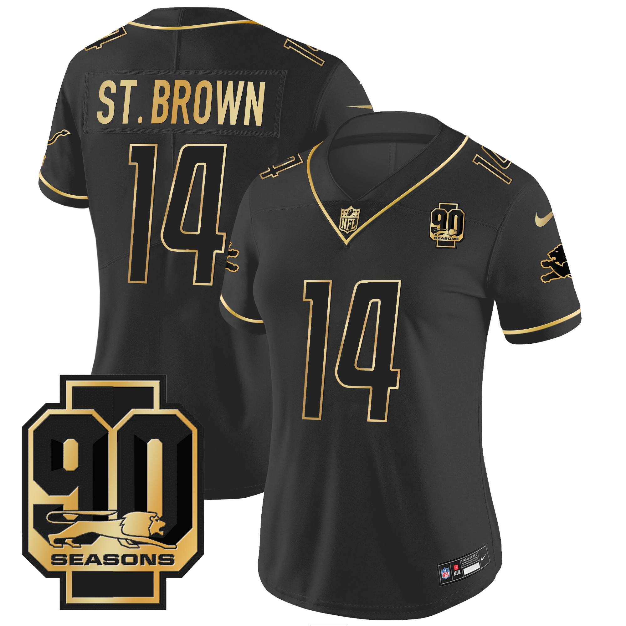 St. Brown Women's Detroit Lions 90th Year Patch Gold Black Gold Jersey - All Stitched