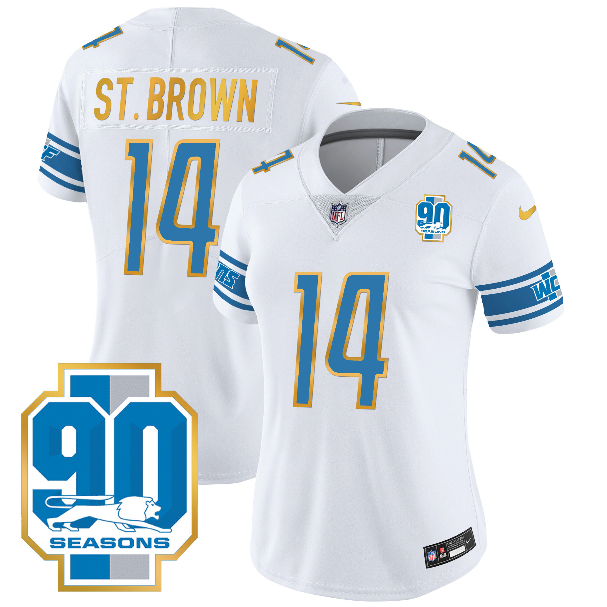 St. Brown Women's Detroit Lions 90th Year Patch Gold Trim White Jersey - All Stitched