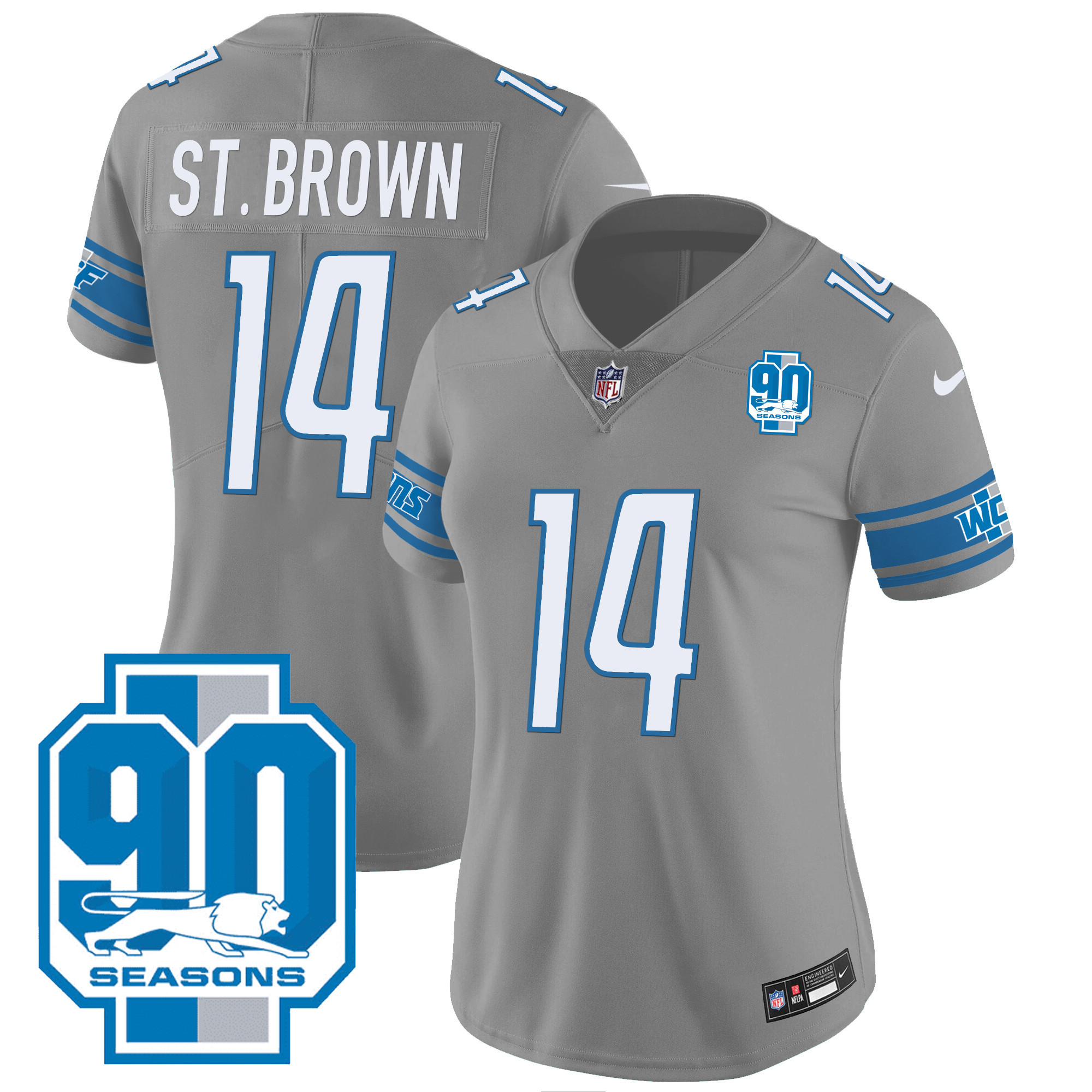 St. Brown Women's Detroit Lions 90th Year Patch Gray Jersey - All Stitched