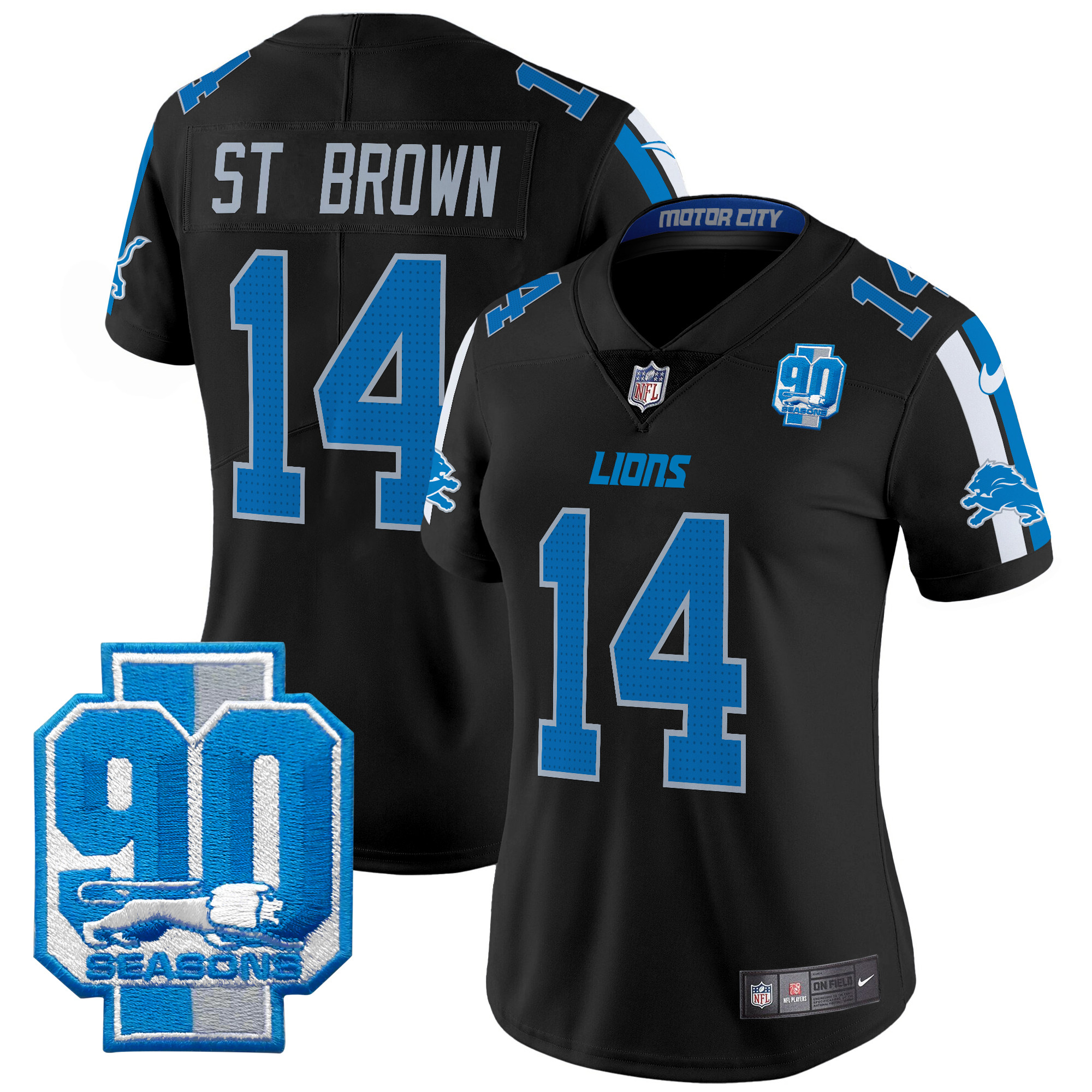 St. Brown Women's Detroit Lions 90th Year Patch Vapor Limited Black Jersey - All Stitched