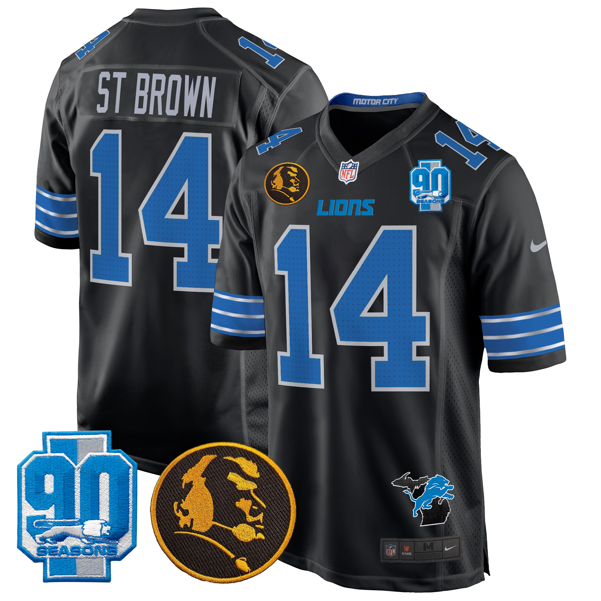 St.Brown Men's Detroit Lions 2024 90th & John Madden Patch Game Black Jersey - All Stitched