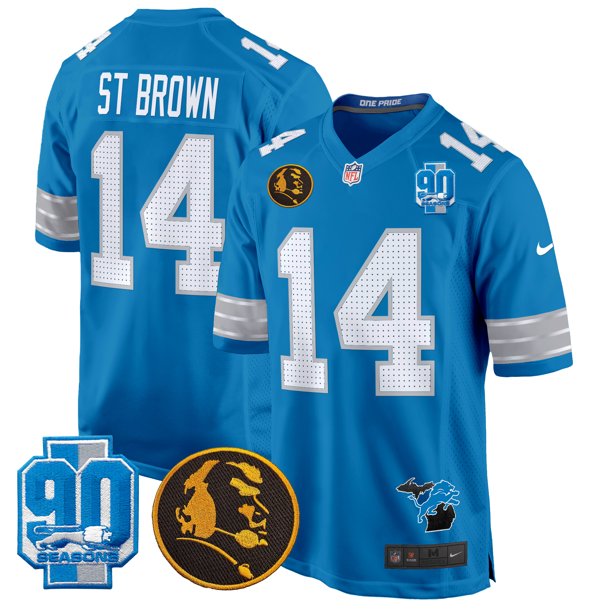 St.Brown Men's Detroit Lions 2024 90th & John Madden Patch Game Blue Jersey - All Stitched