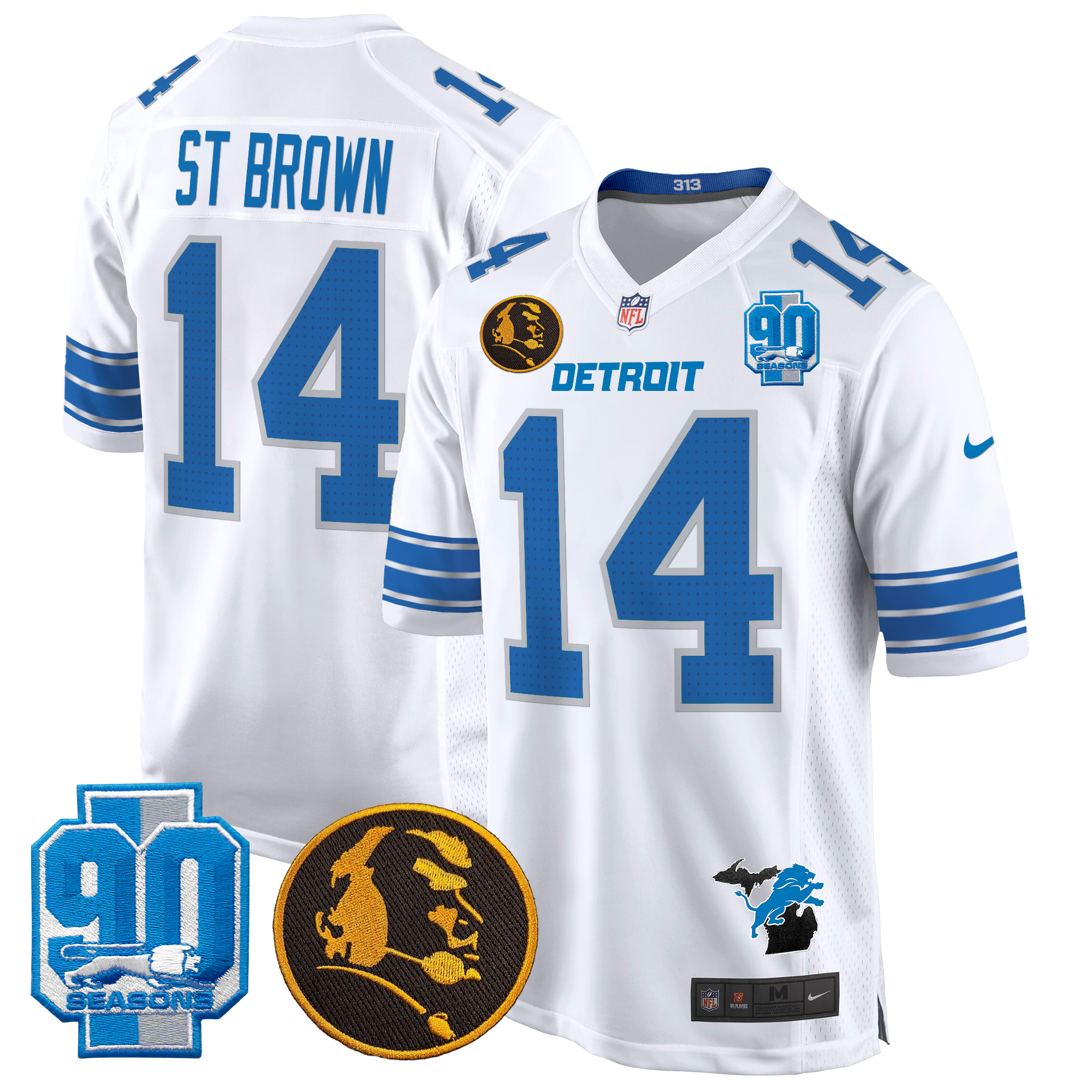St.Brown Men's Detroit Lions 2024 90th & John Madden Patch Game White Jersey - All Stitched