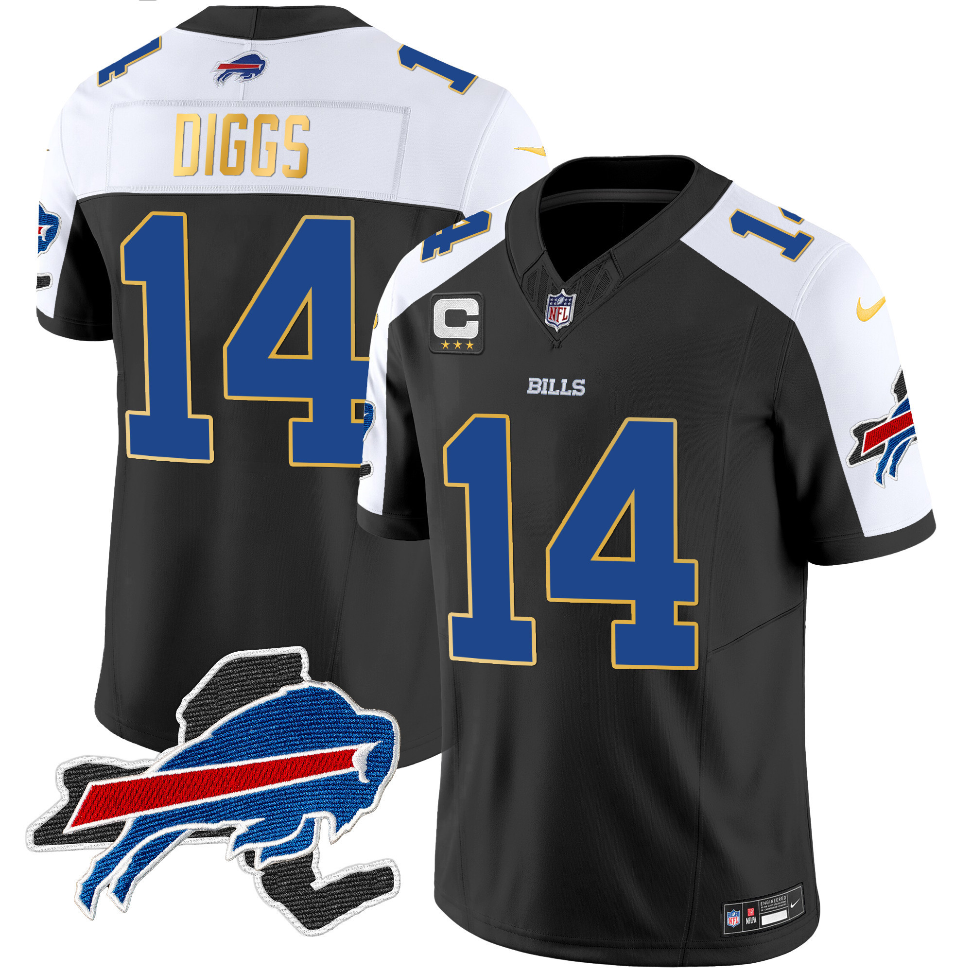 Stefon Diggs Men's Buffalo Bills New York Patch Gold Trim Vapor Black Alternate Jersey - All Stitched