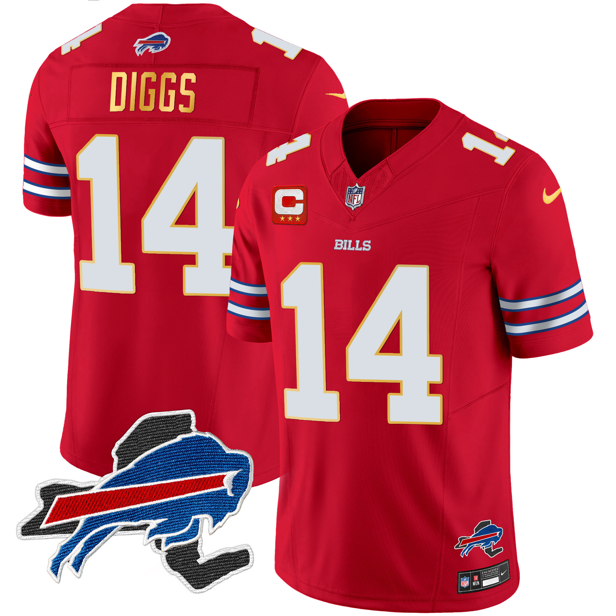 Stefon Diggs Men's Buffalo Bills New York Patch Gold Trim Vapor Red Jersey - All Stitched